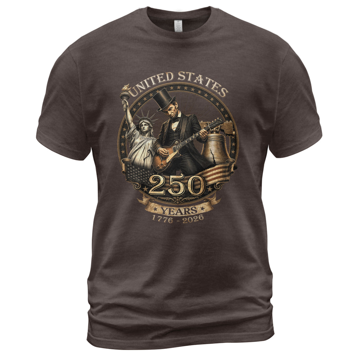Lincoln Rock Guitar Patriotic T-Shirt - Vintage Statue of Liberty 1776 2026 Apparel - Rust Field Wear