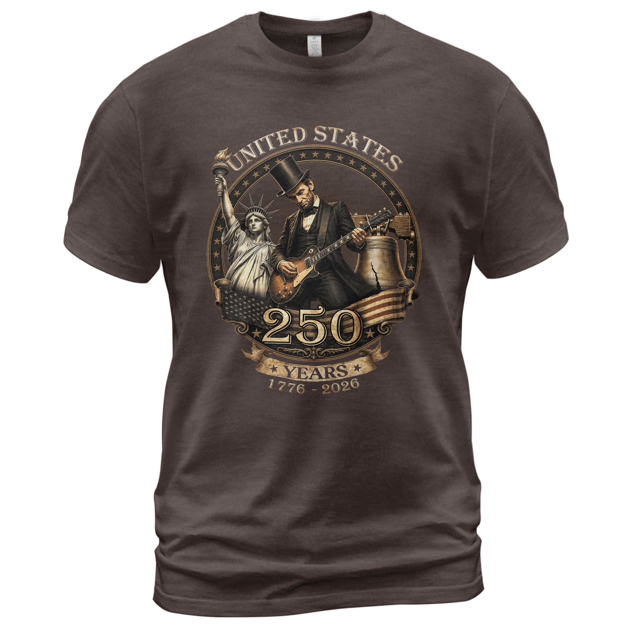 Lincoln Rock Guitar Patriotic T-Shirt - Vintage Statue of Liberty 1776 2026 Apparel - Rust Field Wear
