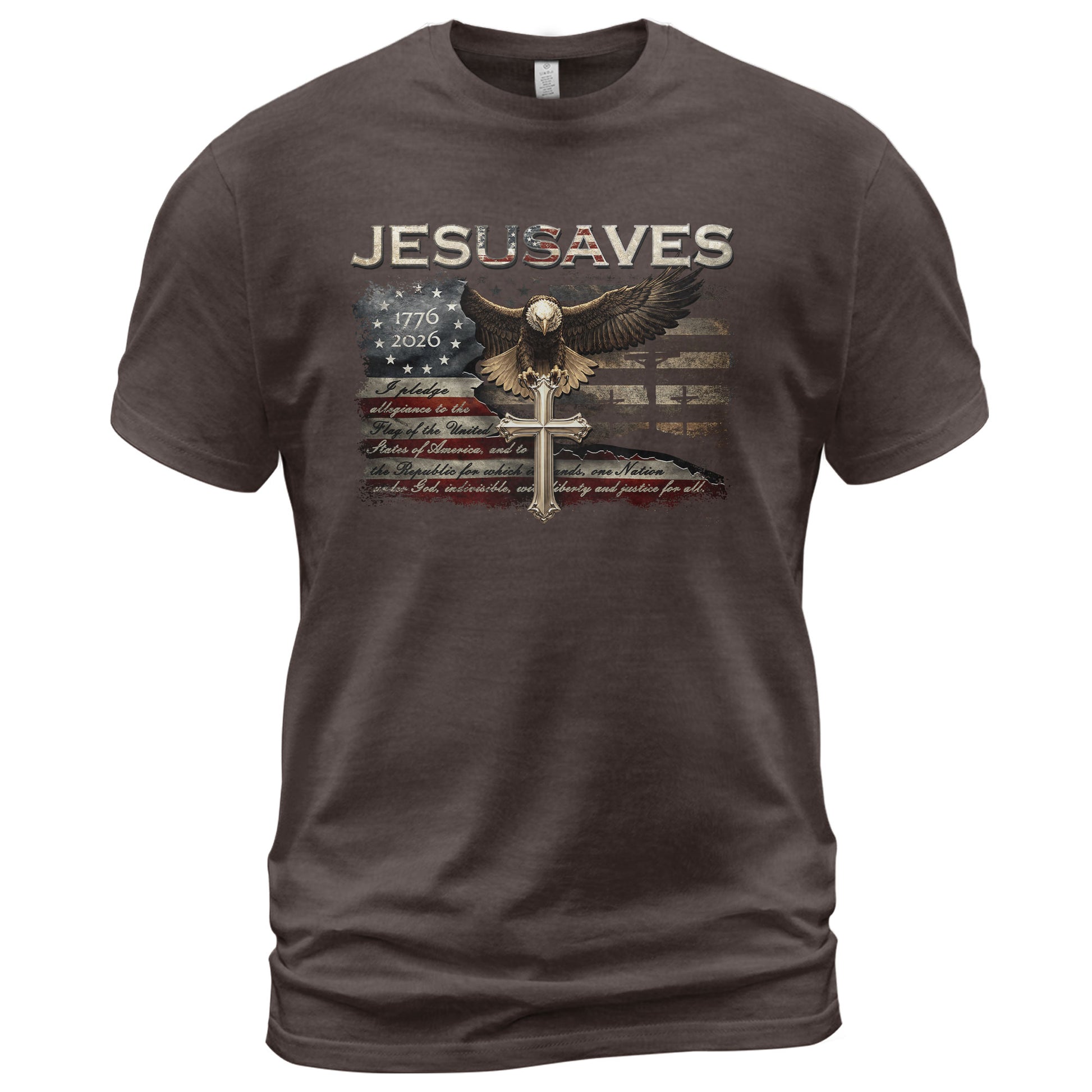 JESUSAVES Graphic T Shirt Patriotic American Eagle Cross Religious Faith Apparel - Rust Field Wear