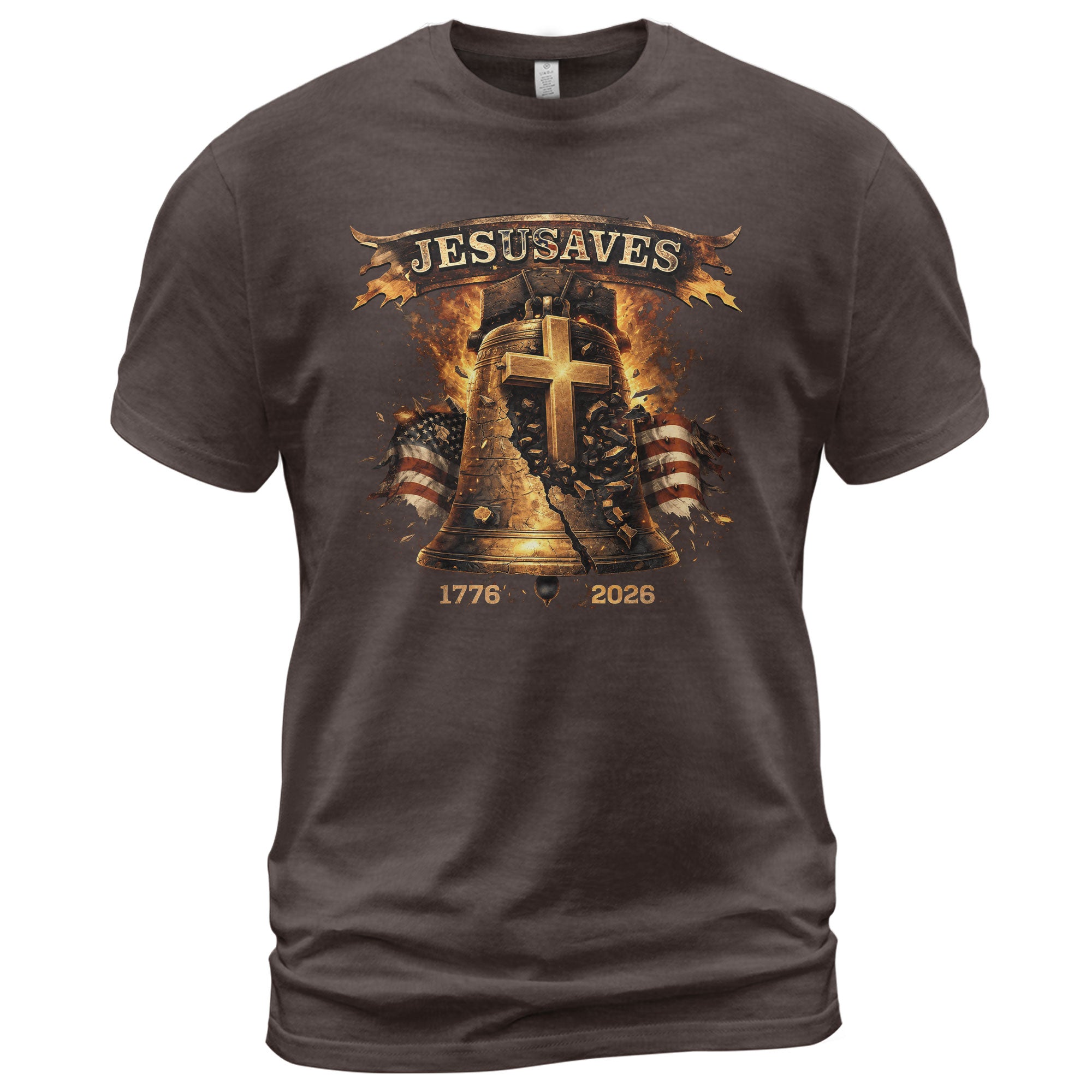 Faith Based JESUSAVES USA Flag Liberty Bell Graphic Tee 1776 to 2026 Commemorative Top - Rust Field Wear