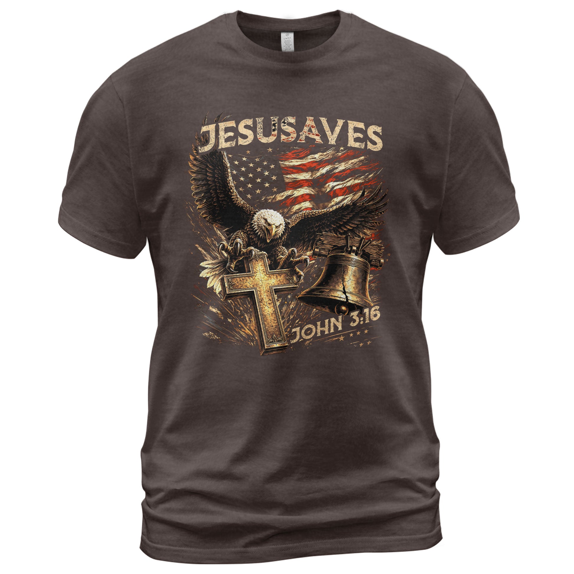 JESUSAVES John 3 16 Patriotic Graphic T Shirt American Eagle Cross Liberty Bell Tee - Rust Field Wear