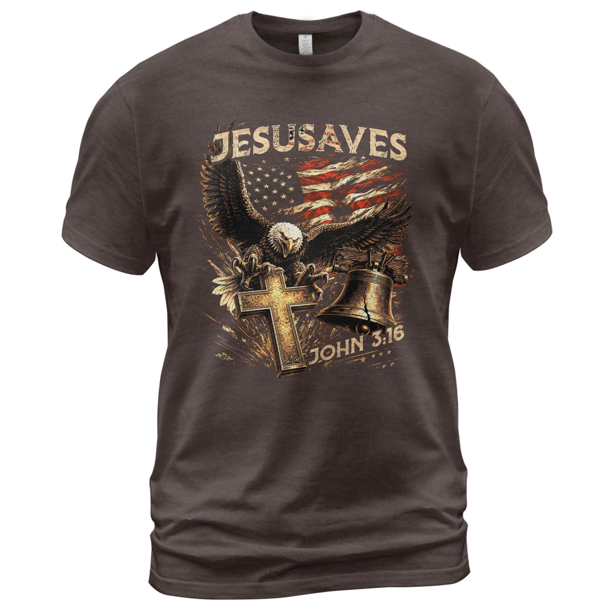 JESUSAVES John 3 16 Patriotic Graphic T Shirt American Eagle Cross Liberty Bell Tee - Rust Field Wear