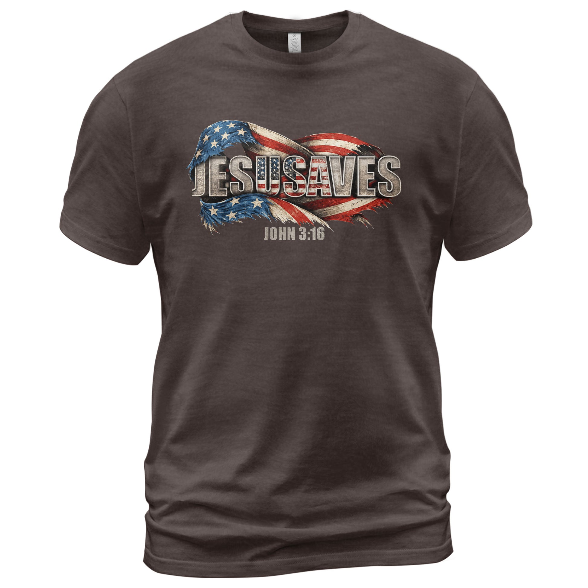 Distressed Flag JESUSAVES Graphic T Shirt John 3 16 Spiritual Patriotic Cotton Top - Rust Field Wear