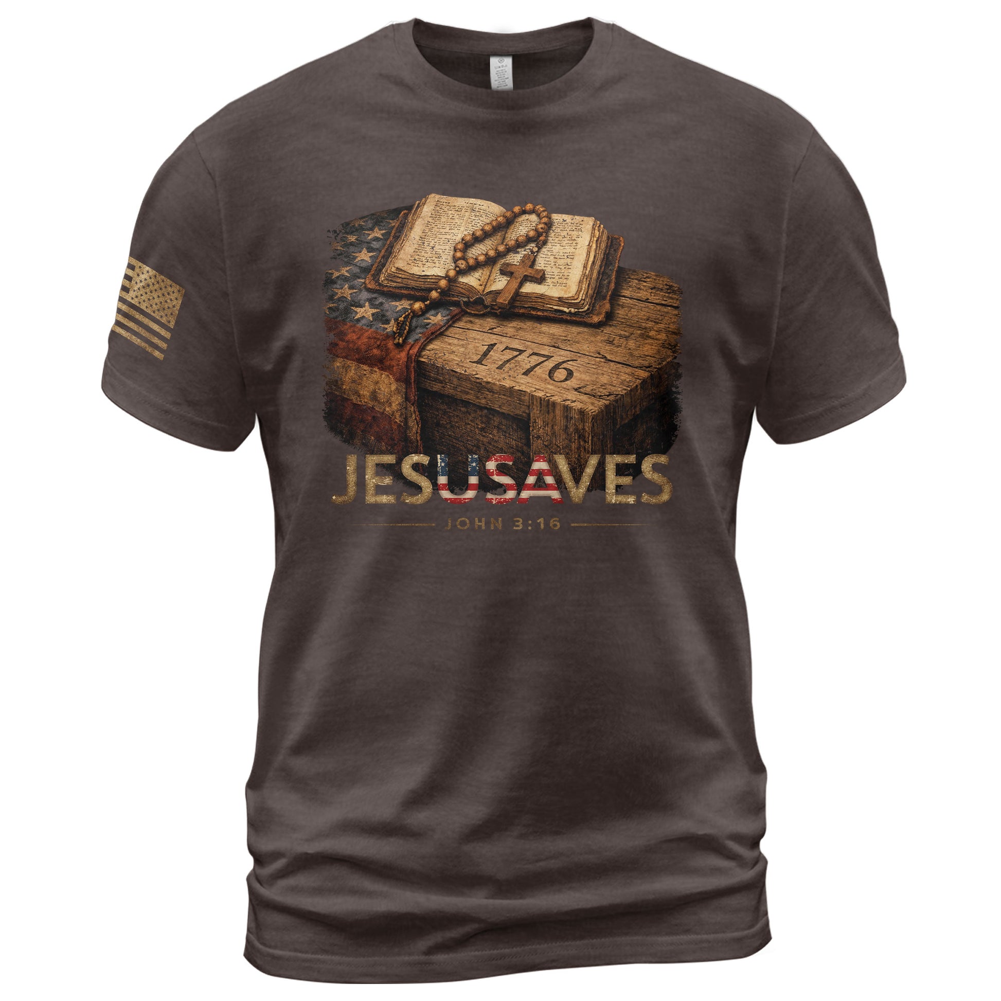 JESUSAVES 1776 Patriotic T-Shirt - Vintage American Flag Graphic Tee - Casual Apparel - Rust Field Wear