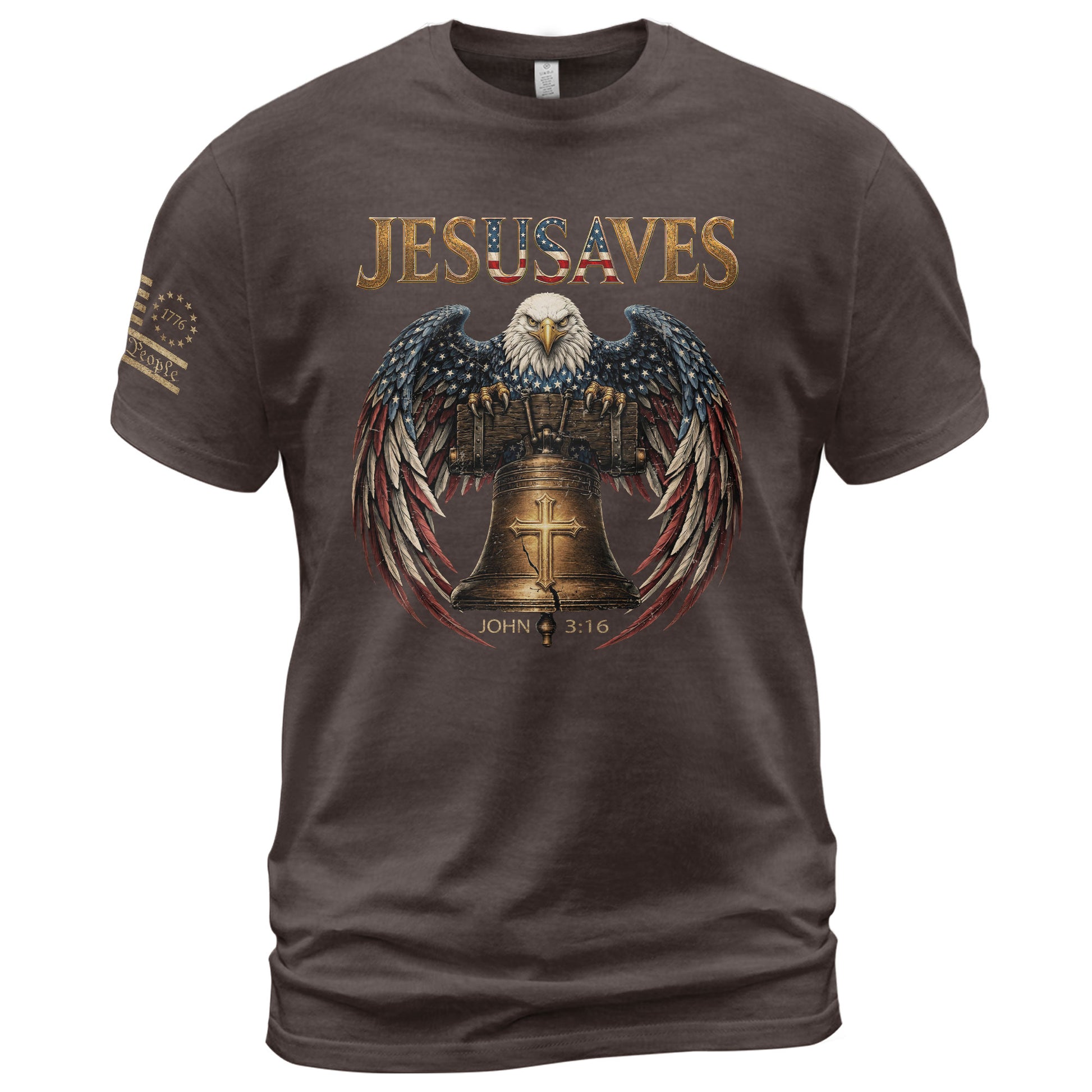 Patriotic JESUSAVES T-Shirt American Eagle Bell Print Stylish Casual Graphic Tee - Rust Field Wear