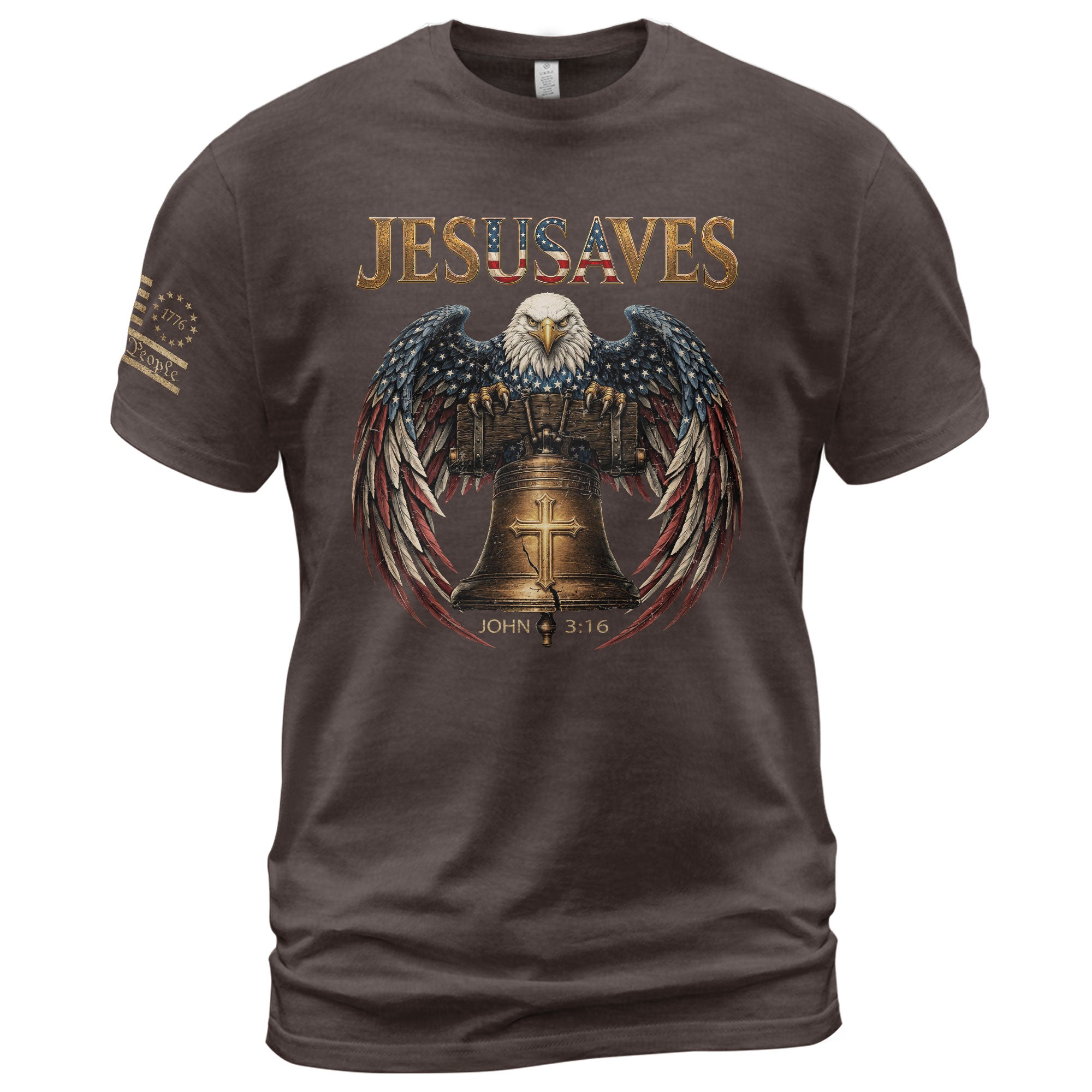 Patriotic JESUSAVES T-Shirt American Eagle Bell Print Stylish Casual Graphic Tee - Rust Field Wear