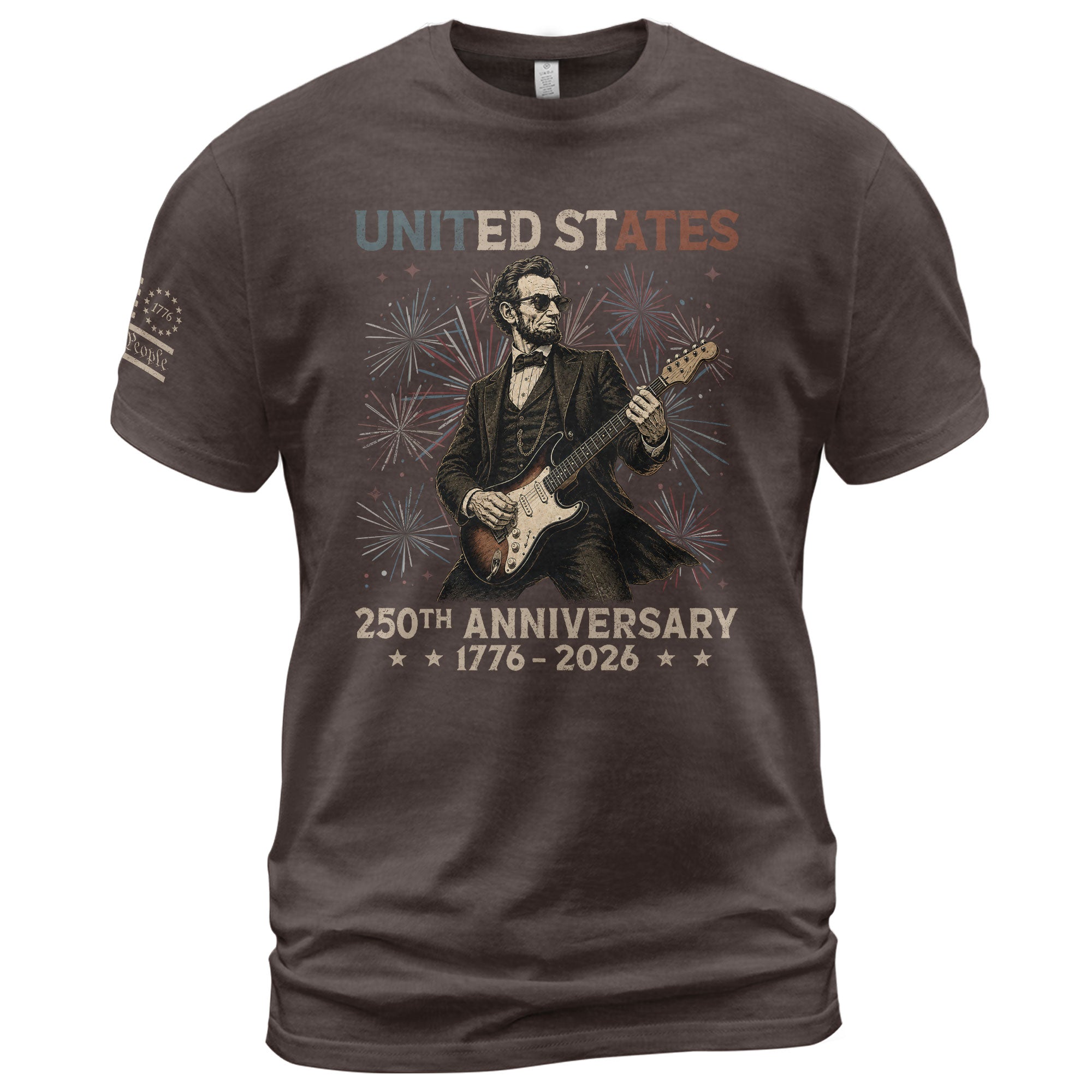 Lincoln Rock Guitar Shirt 1776 2026 Patriotic Fireworks We The People Graphic Tee - Rust Field Wear