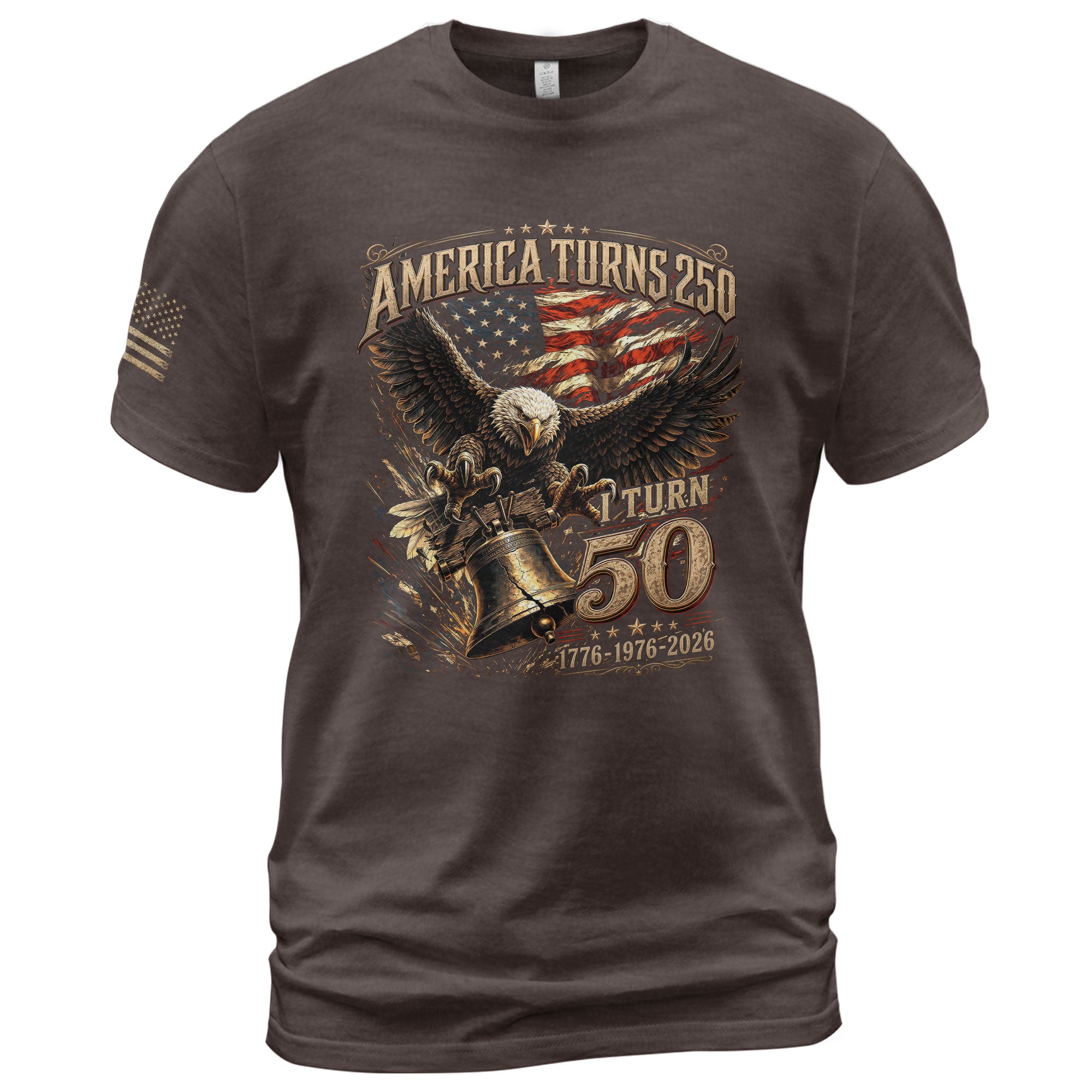 America Turns 250 I Turn 50 Eagle Bell Patriotic 50th Birthday 1976 T-Shirt Gift Tee - Rust Field Wear