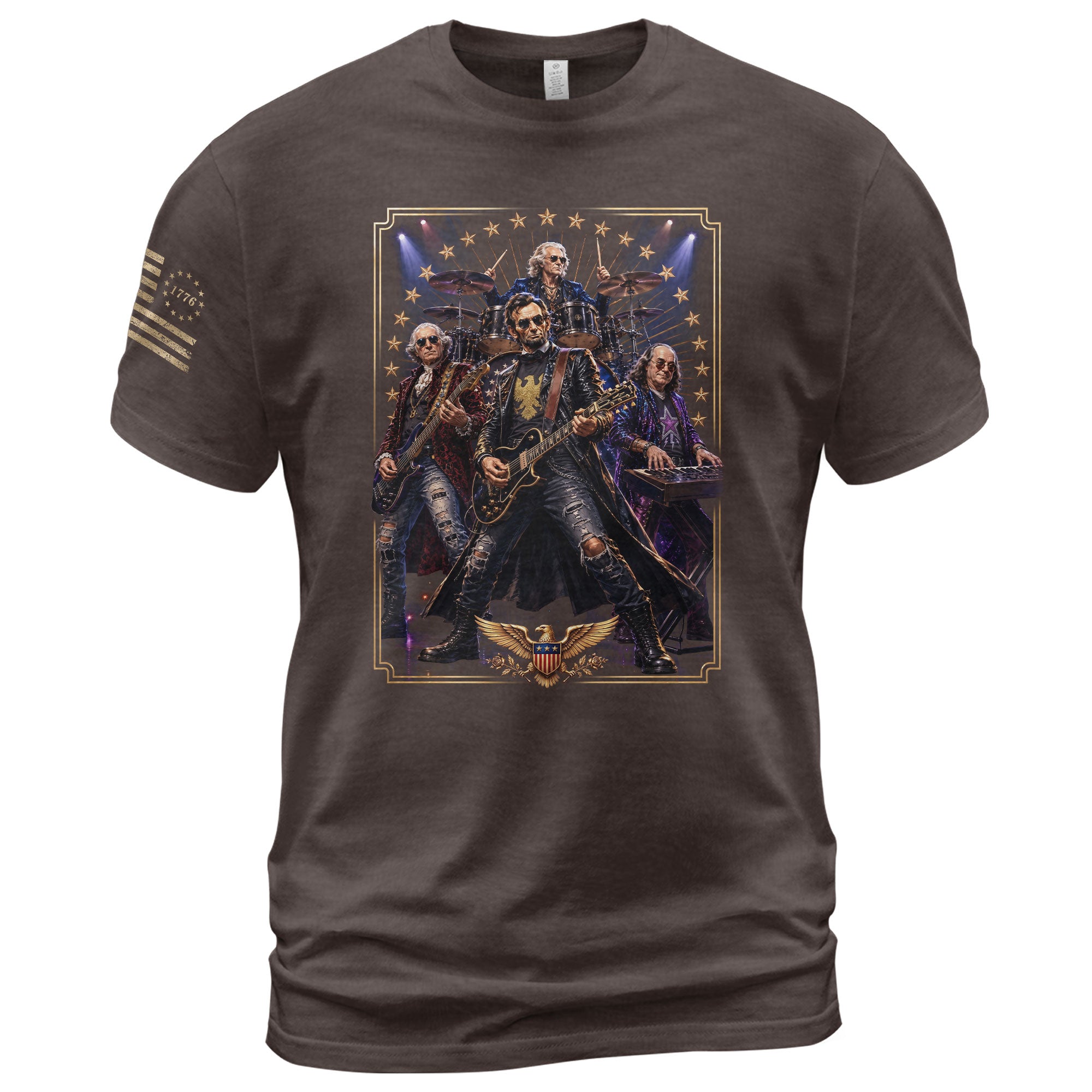 Patriotic Lincoln Guitar Player T-Shirt Vintage Rock Band Graphic Sleeve Tee - Rust Field Wear