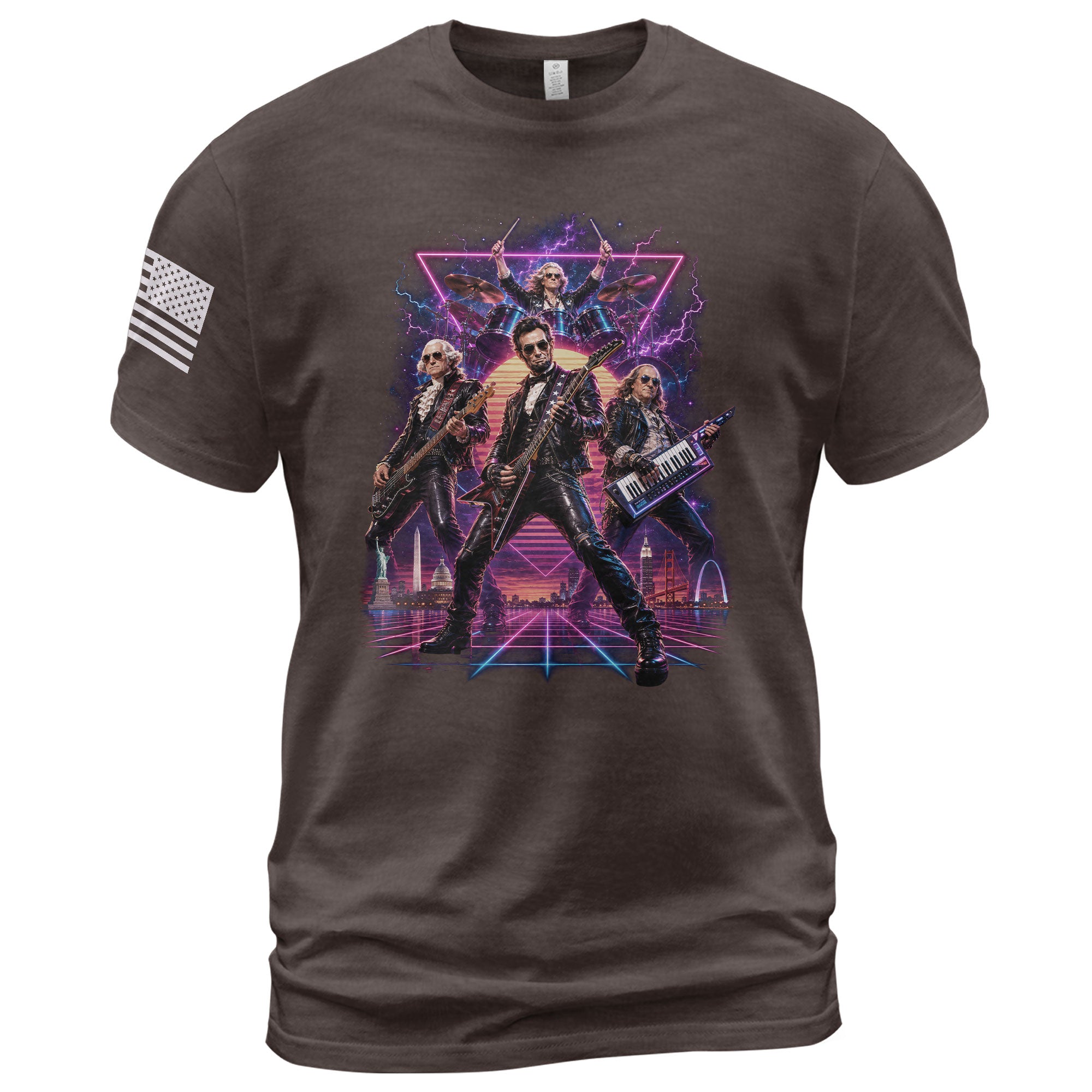 Retro Lincoln Guitar Player T-Shirt Neon Synthwave Rock Band Graphic Tee Gift - Rust Field Wear