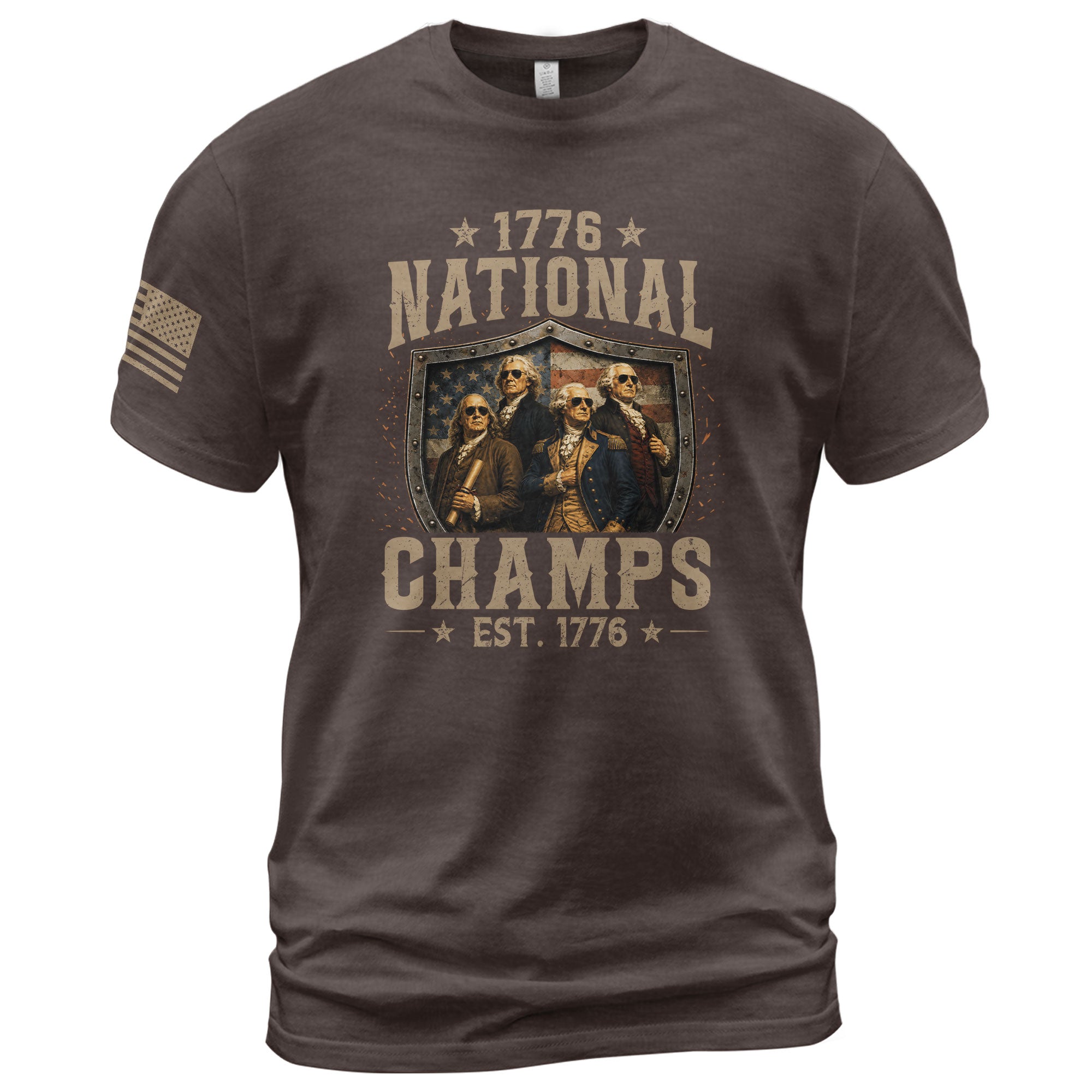 1776 National Champs Patriotic Shield Tee Founding Fathers Graphic Vintage Casual Apparel - Rust Field Wear