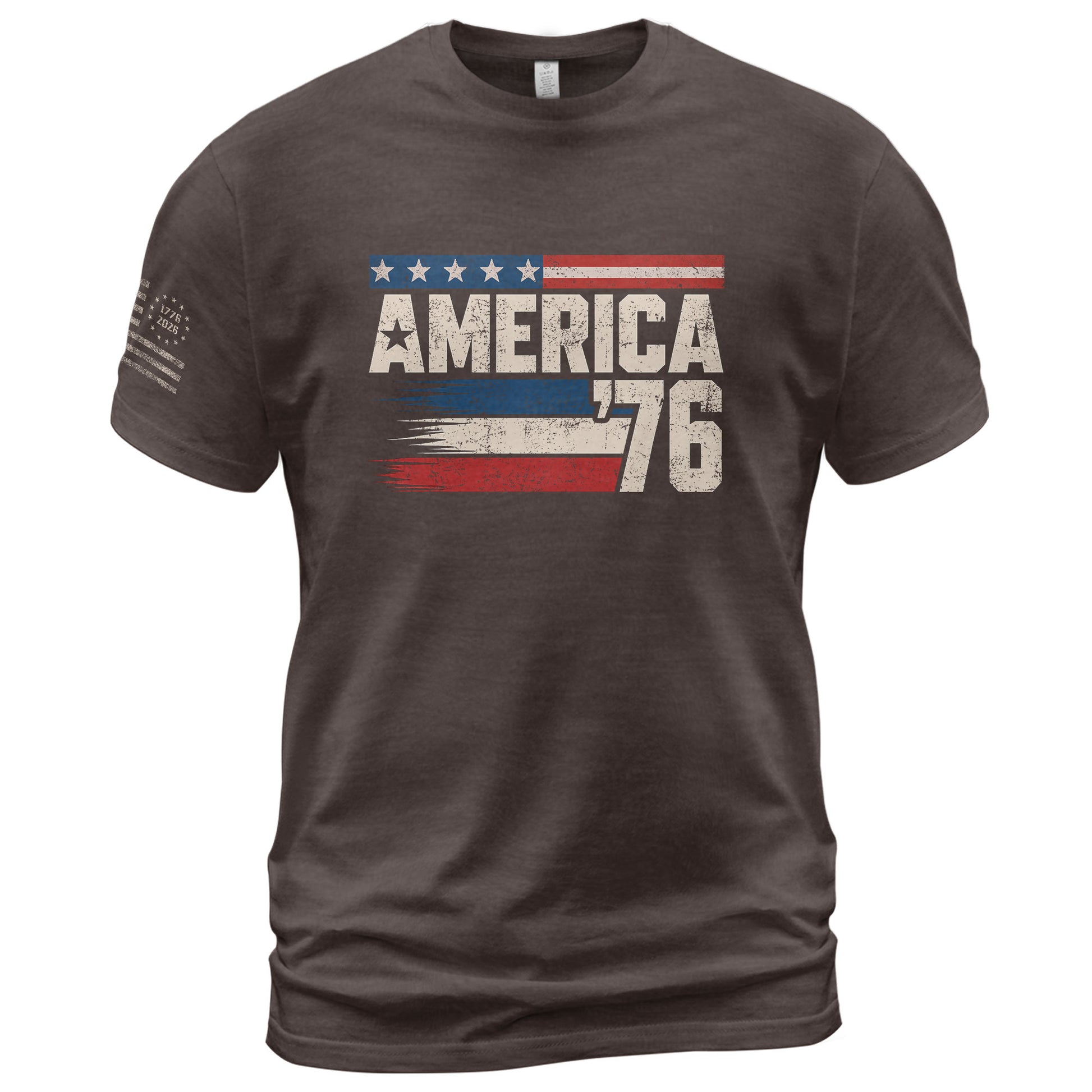 America '76 Graphic Tee Vintage Flag Design Patriotic Style Casual Mens Statement Shirt - Rust Field Wear