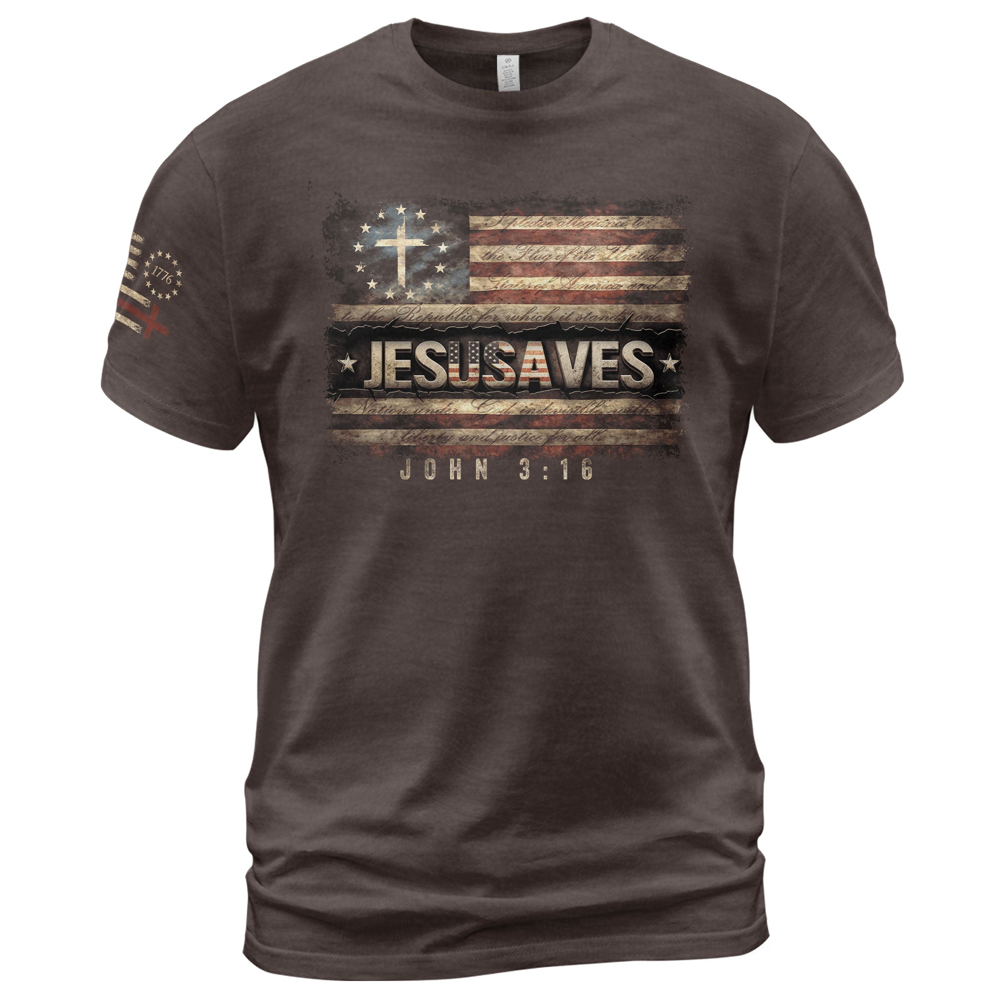 JESUSAVES T-Shirt John 3:16 Pledge of Allegiance Christian Cross Patriotic US Flag Tee - Rust Field Wear