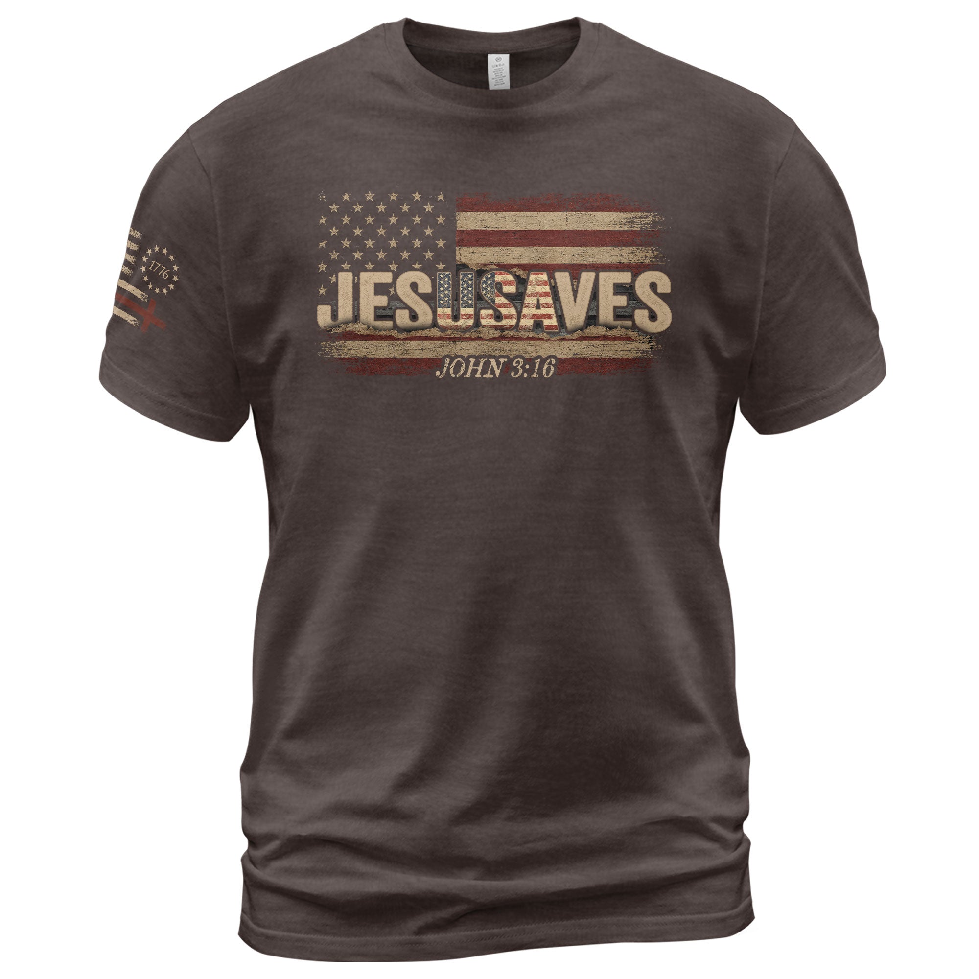JESUSAVES T-Shirt John 3:16 Patriotic American Flag Distressed Christian Faith Tee - Rust Field Wear