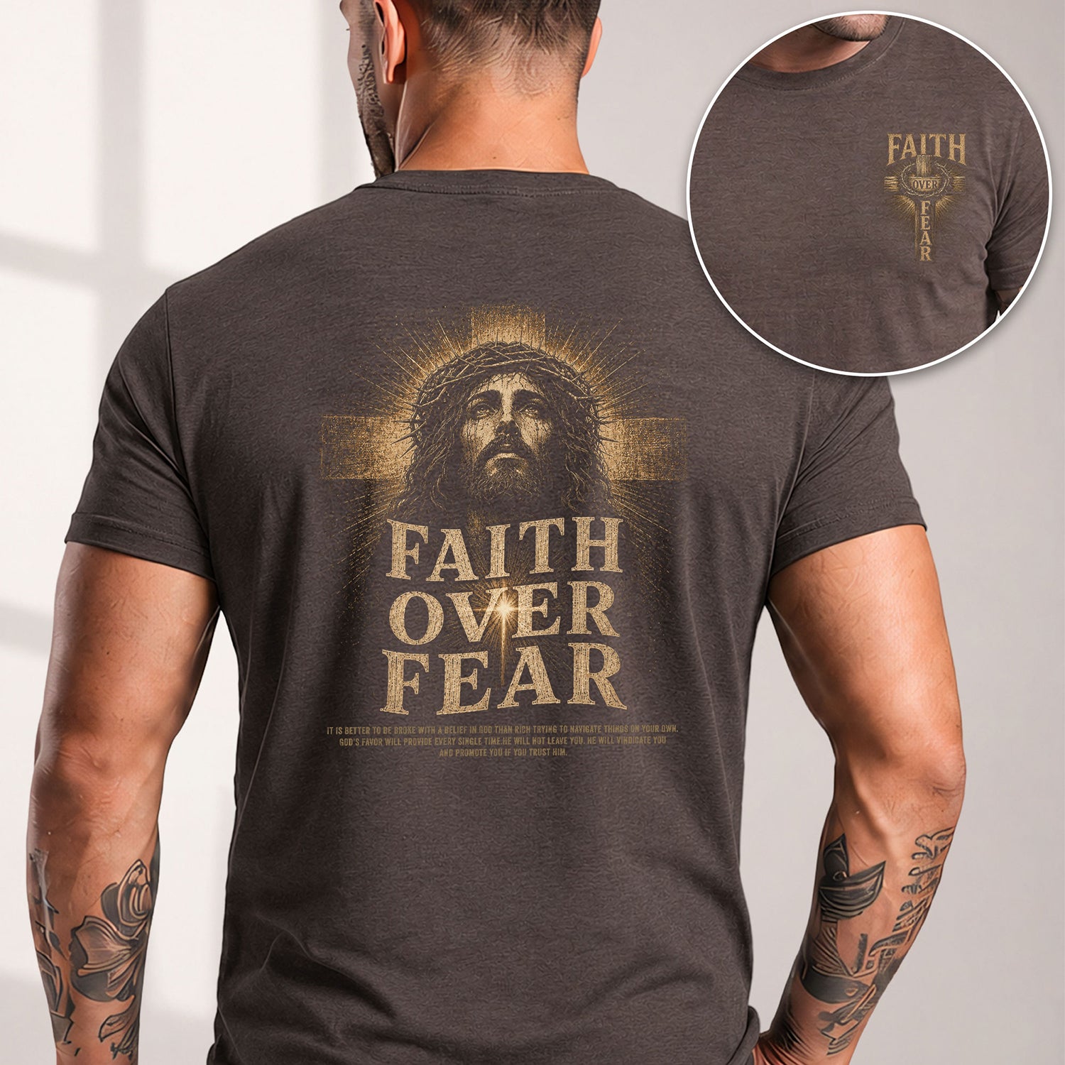 Inspirational Christian T-Shirt Faith Over Fear Jesus Portrait Casual Cotton Top - Rust Field Wear