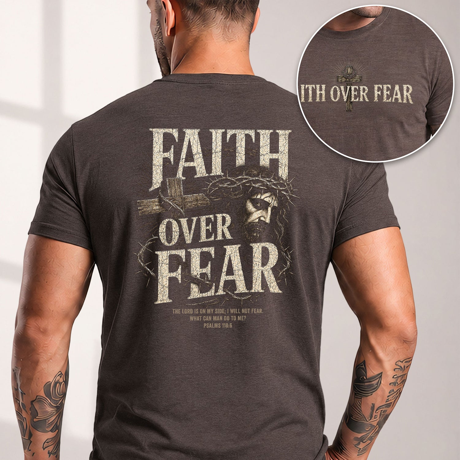 Inspirational Christian T-Shirt Faith Over Fear Jesus Cross Casual Cotton Shirt - Rust Field Wear