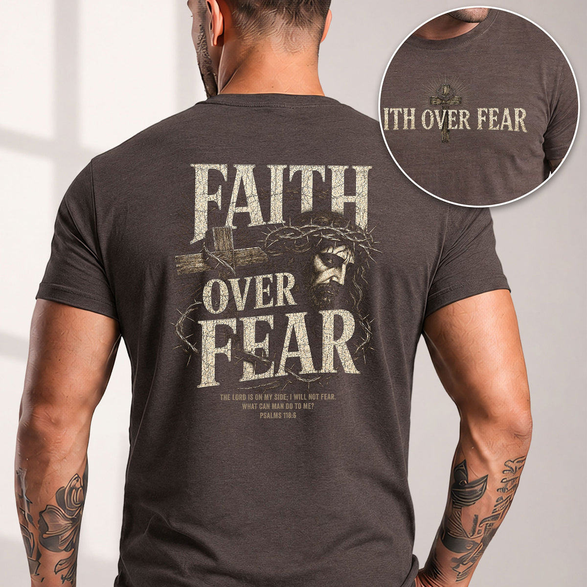 Inspirational Christian T-Shirt Faith Over Fear Jesus Cross Casual Cotton Shirt - Rust Field Wear