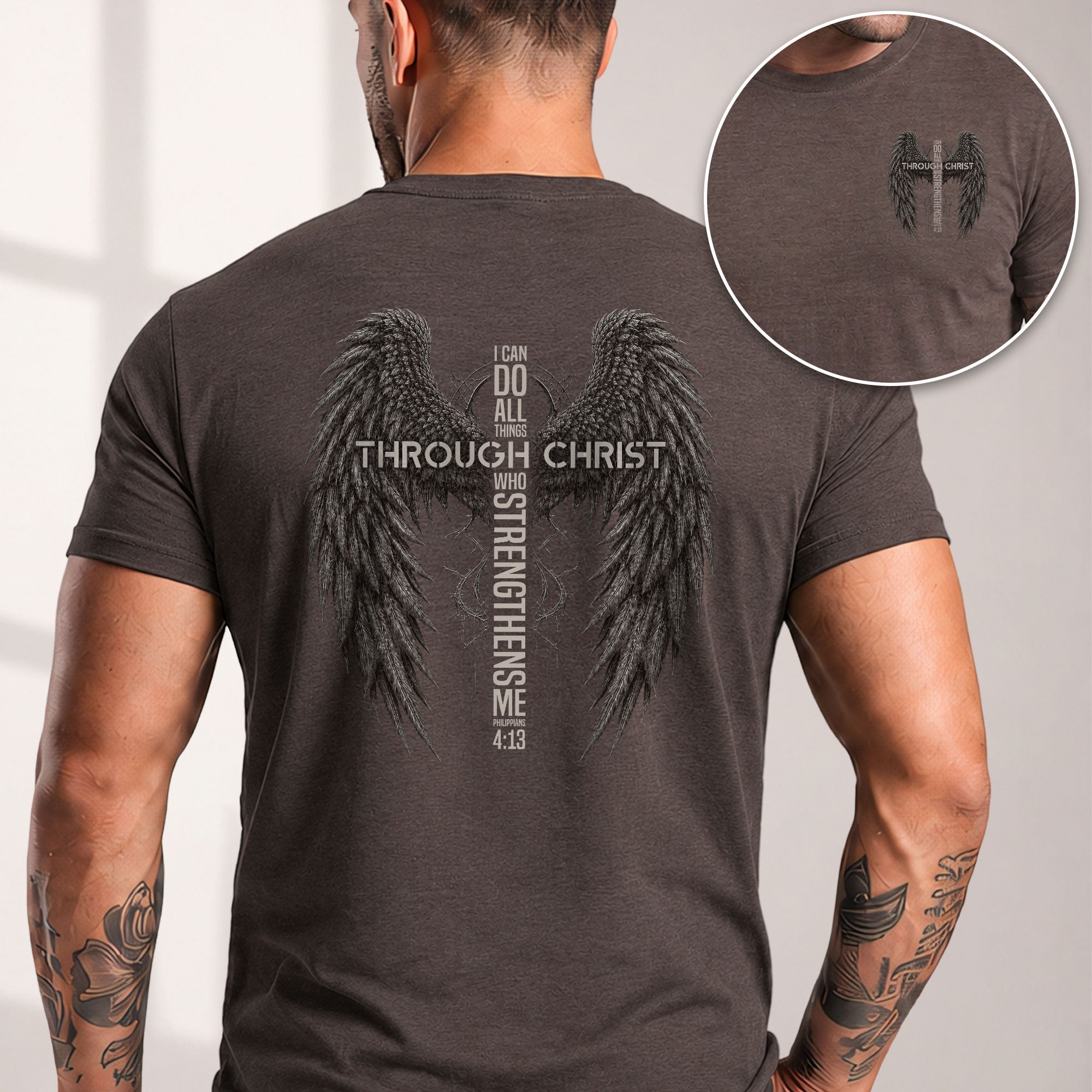 I Can Do All Things Philippians 4 13 Christian Shirt Angel Wings Cross Graphic Tee - Rust Field Wear