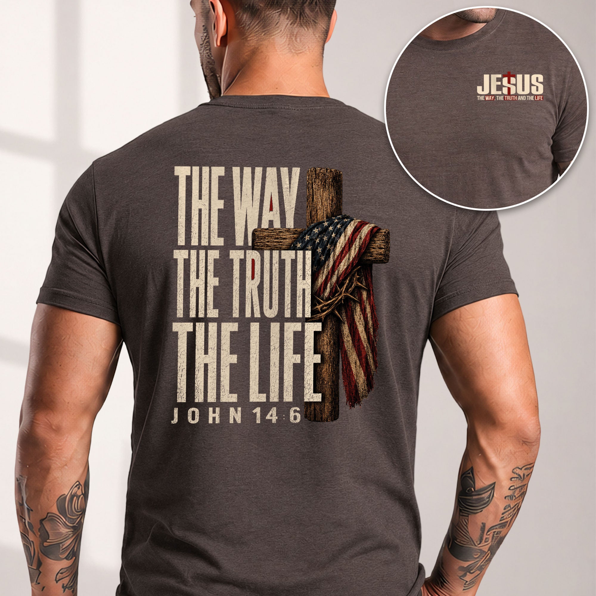 The Way The Truth The Life Christian T Shirt with American Flag Cross and Crown of Thorns - Rust Field Wear