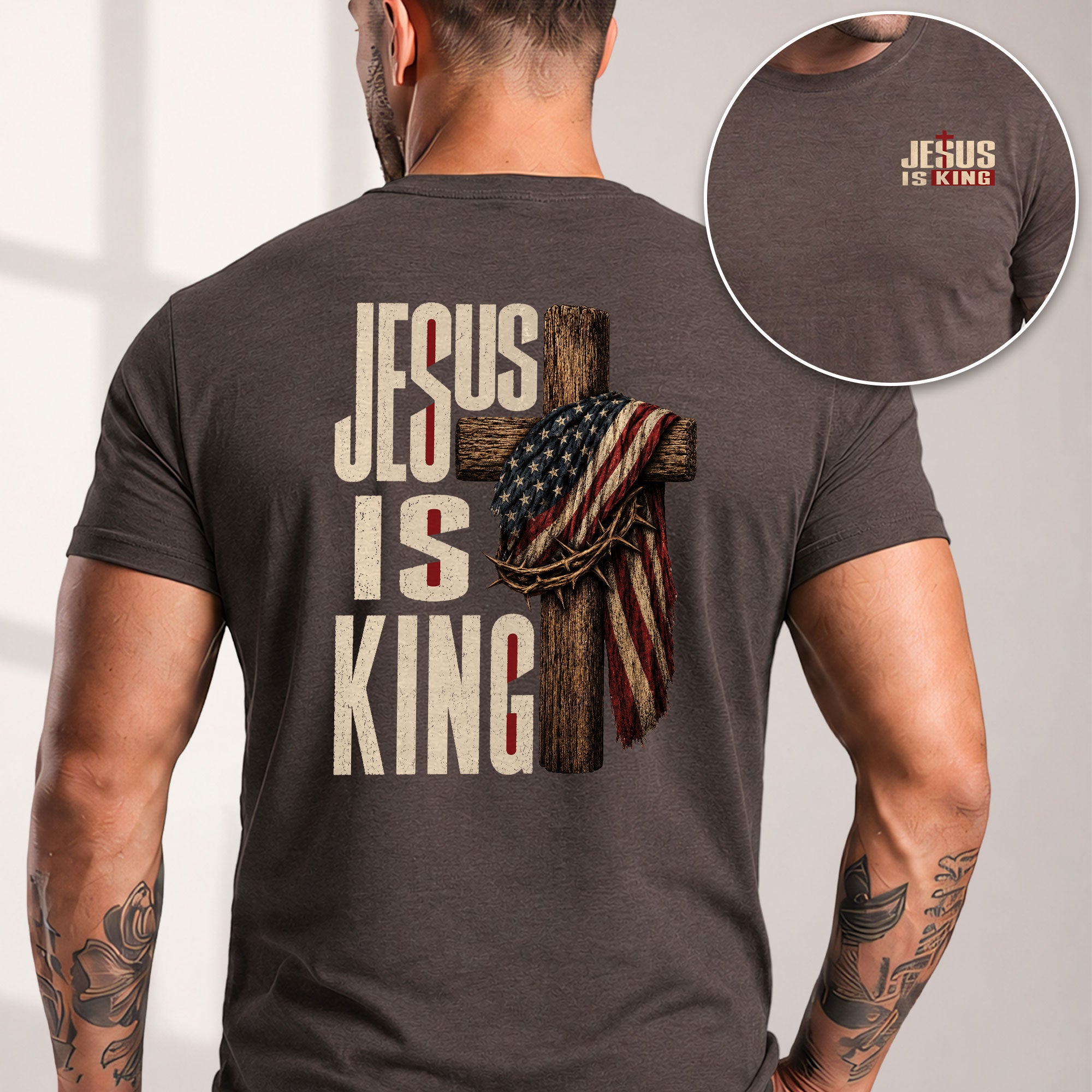 Jesus Is King Shirt Patriotic Christian Men Shirt Wooden Cross American Flag Crown Of Thorns - Rust Field Wear