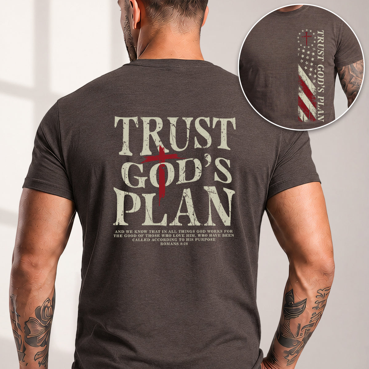 Trust Gods Plan Christian Bible Verse Cross American Flag Mens Graphic T Shirt Apparel - Rust Field Wear