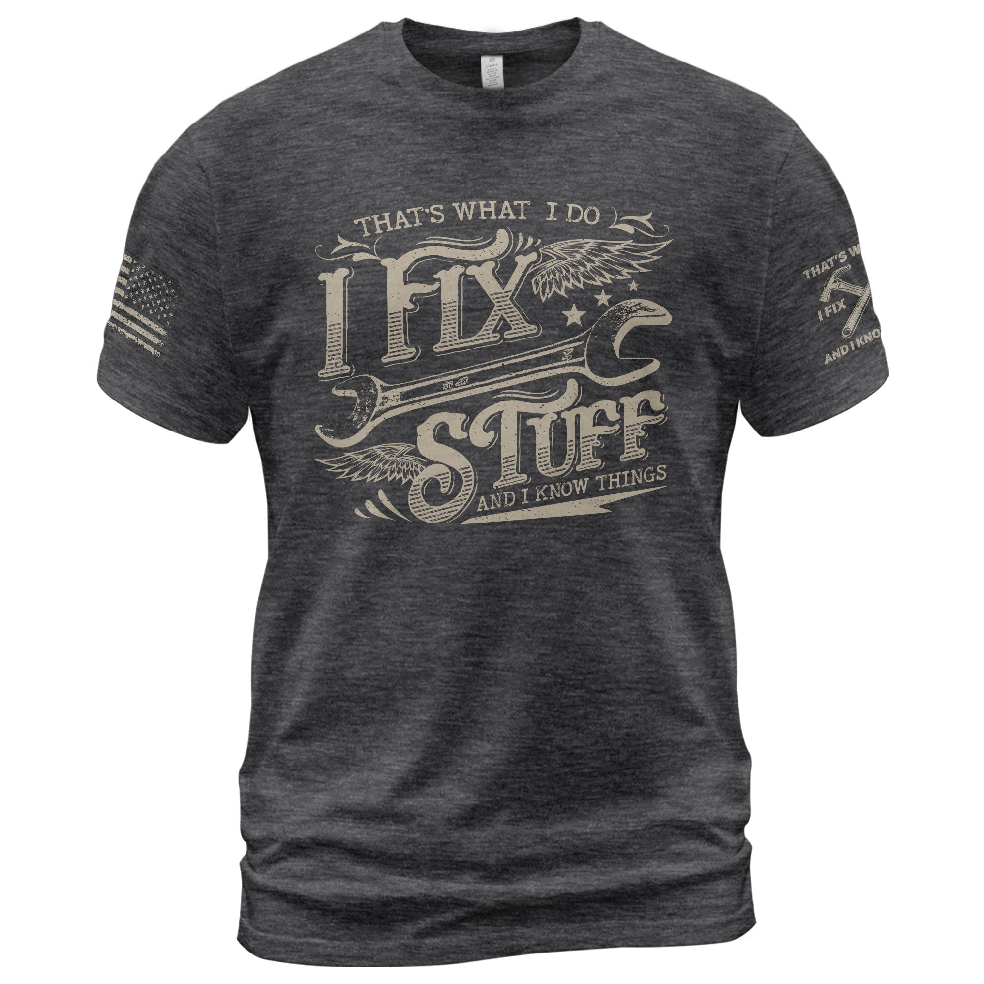 Men Winged Wrench Graphic T-Shirt I Fix Stuff And I Know Things Scroll Quote Tee