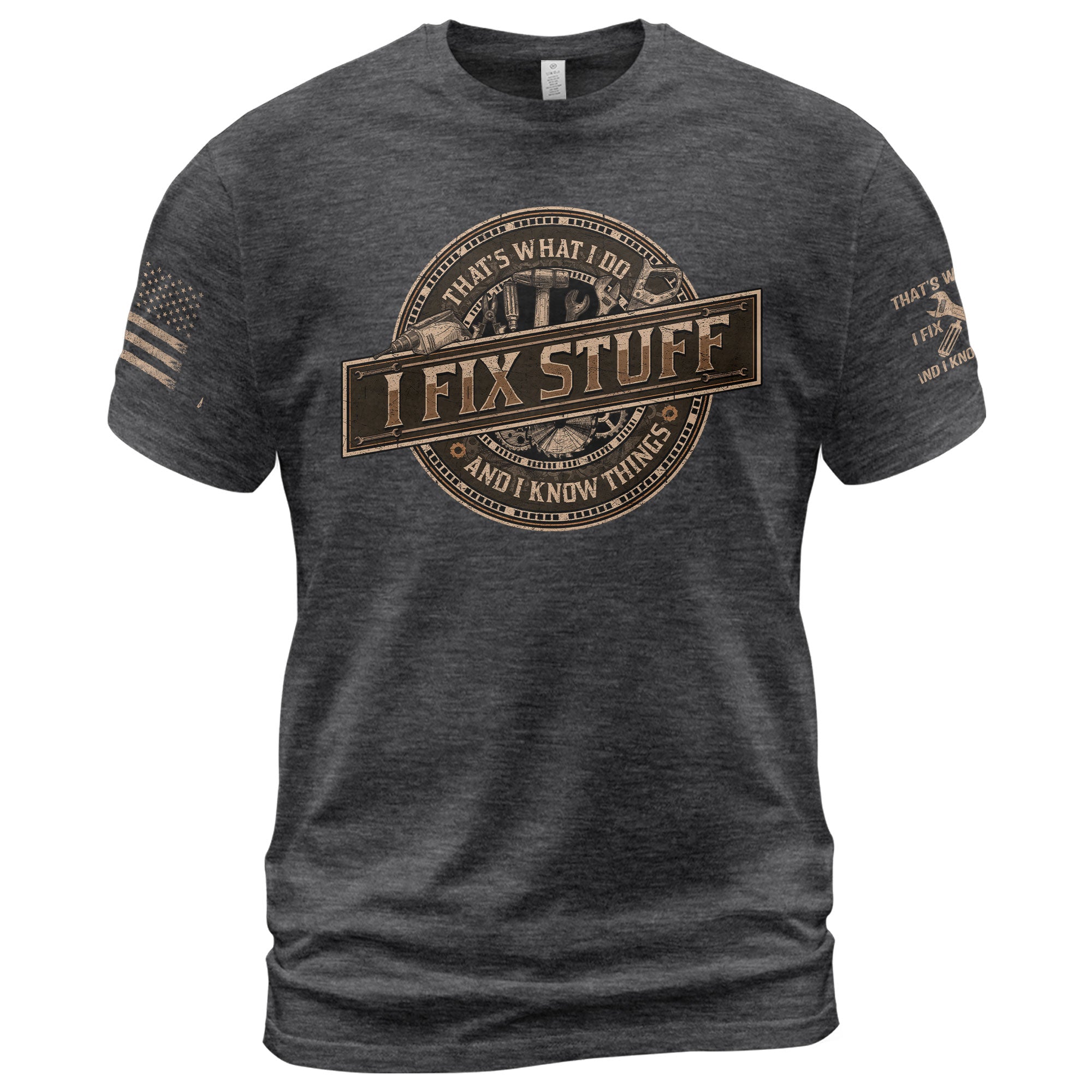 Men Graphic Mechanical Emblem T-Shirt I Fix Stuff And I Know Things Drill Quote Tee