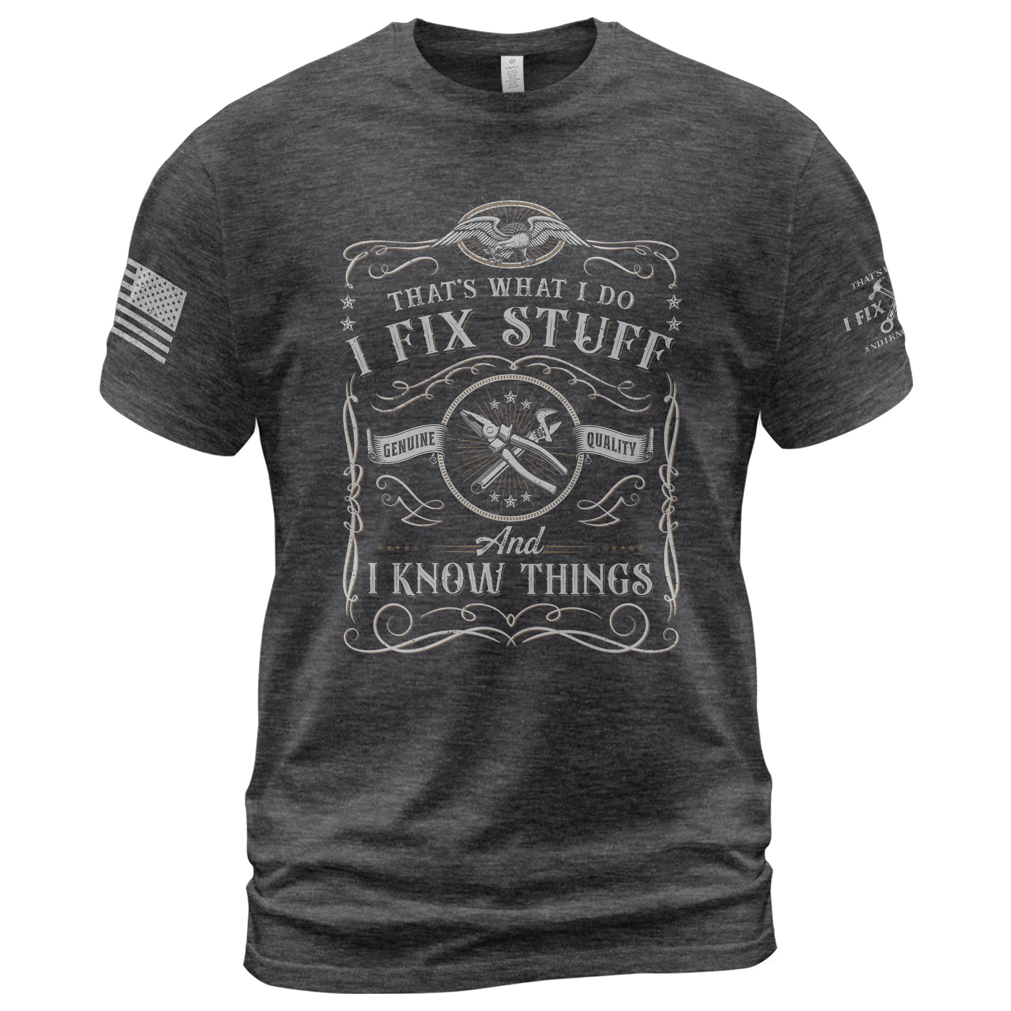 Graphic Shirt Men I Fix Stuff And I Know Things Label Quote T-Shirt Sleeve Details