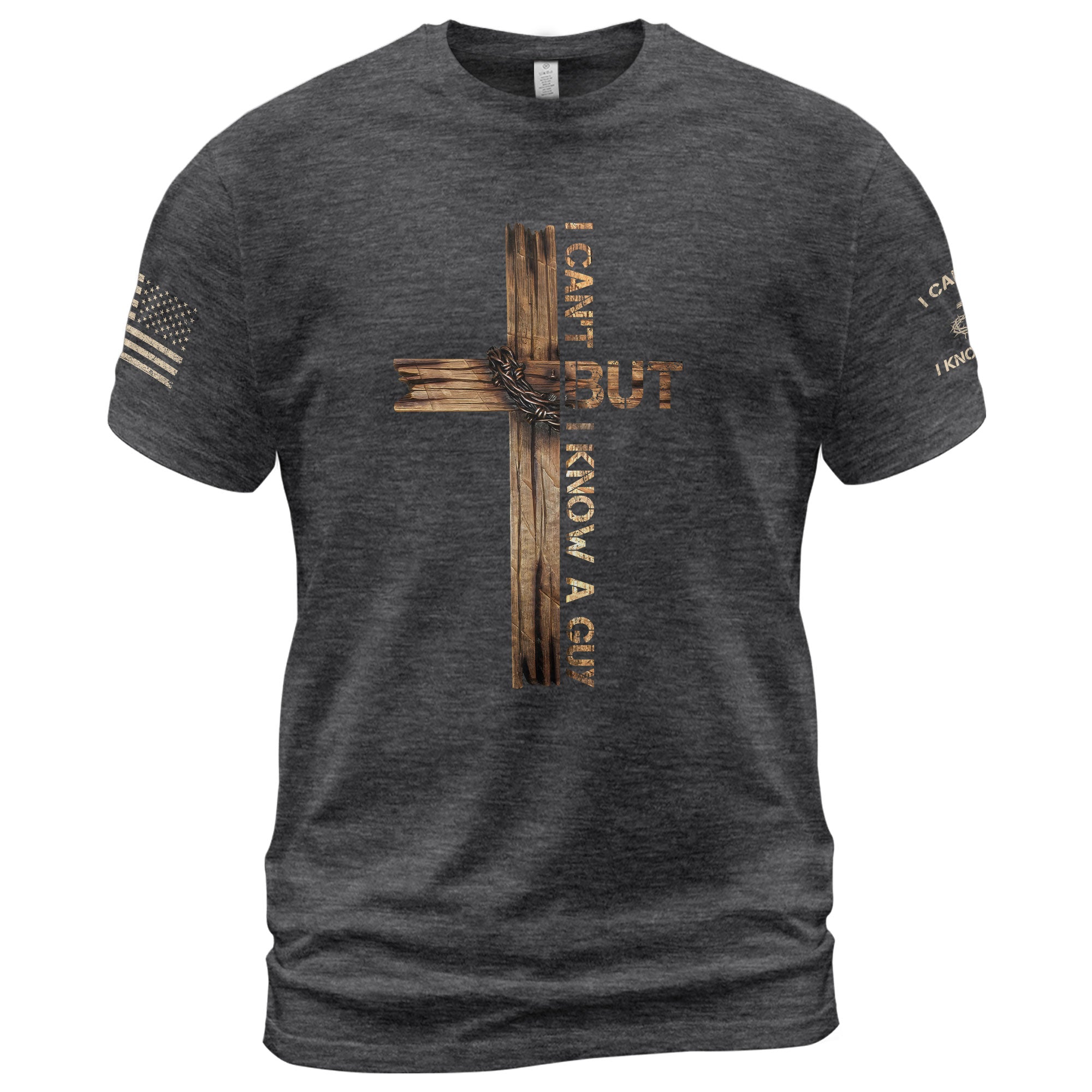 Faith Based Christian Tee Shirts, I Can’t But I Know a Guy Bold Christian Cross for - Christian Shirts for Men - Rust Field Wear