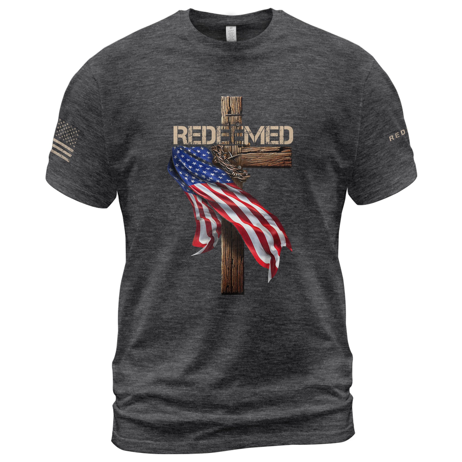 Redeemed by Christ American Flag Cross - Christian Shirts for Men, Faith Based Christian Tee Shirts - Rust Field Wear