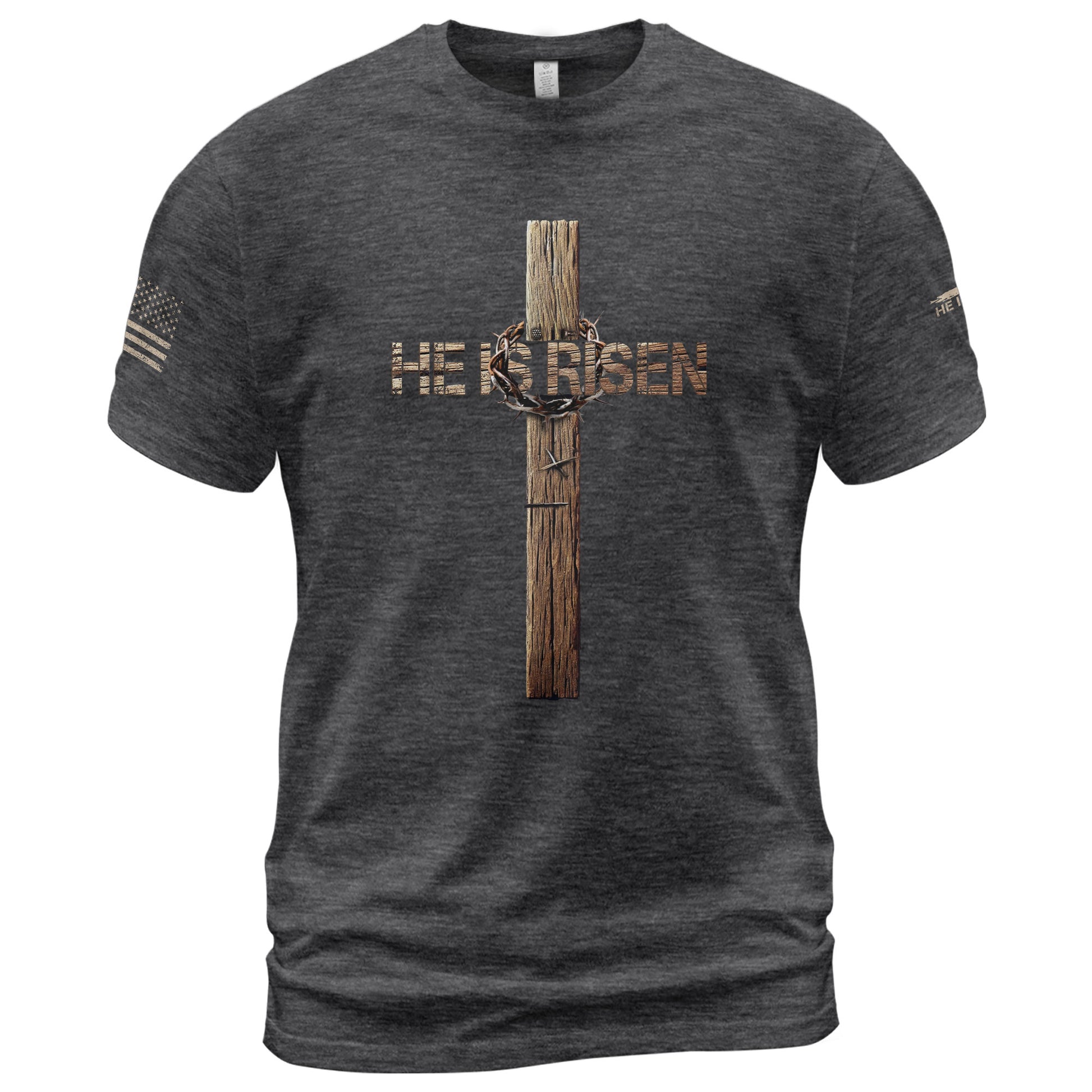 Christian Tee Shirts, He Is Risen Resurrection Cross - Christian Shirts for Men - Rust Field Wear