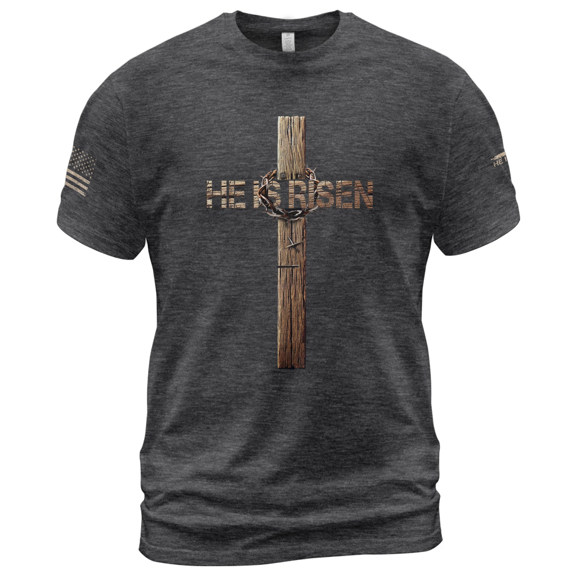 Christian Tee Shirts, He Is Risen Resurrection Cross - Christian Shirts for Men - Rust Field Wear