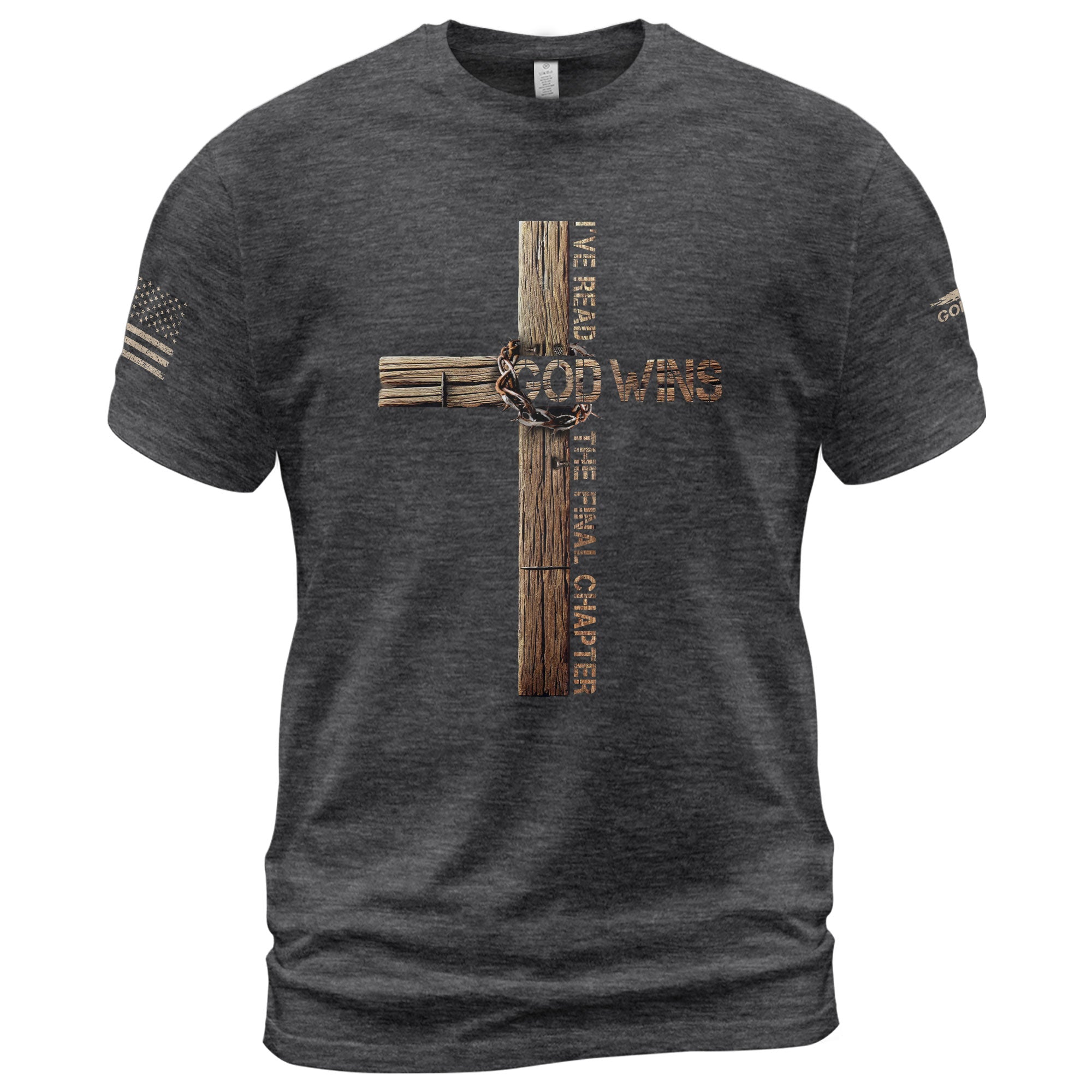 Faith Based Christian Tee Shirts, Victory in Christ God Wins Cross Design - Christian Shirts for Men - Rust Field Wear