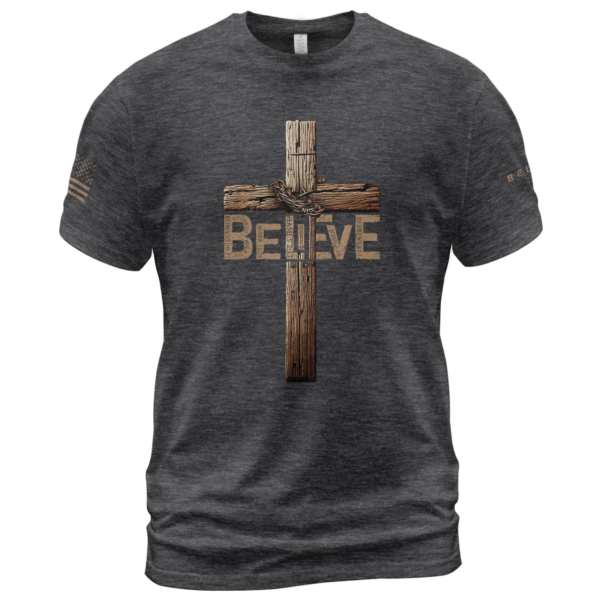 Christian Shirts for Men - Believe In The Cross Rustic Wood Christian, Christian Tee Shirts - Rust Field Wear
