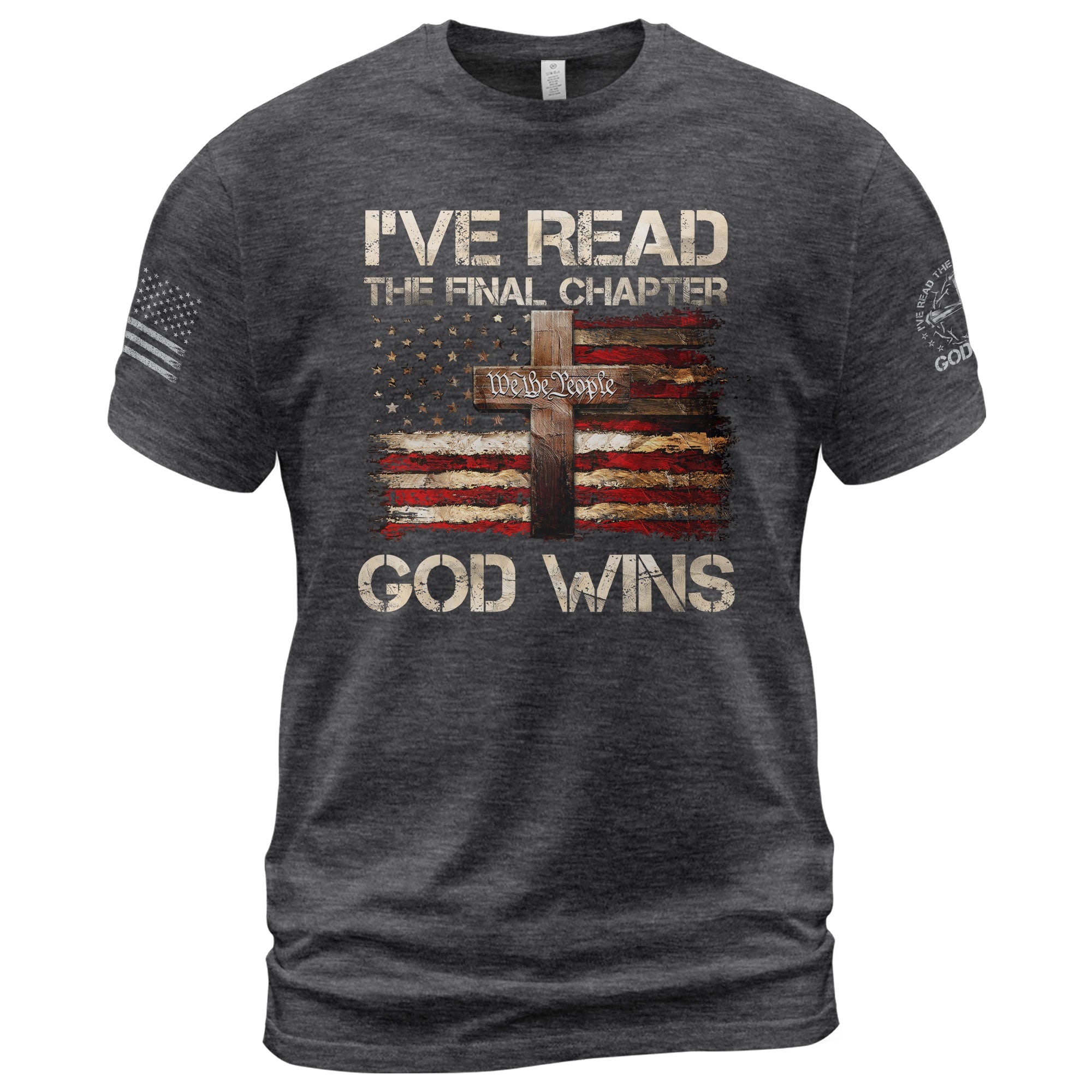 Christian Tee Shirts, God Wins Christian American Flag Cross - Christian Shirts for Men - Rust Field Wear