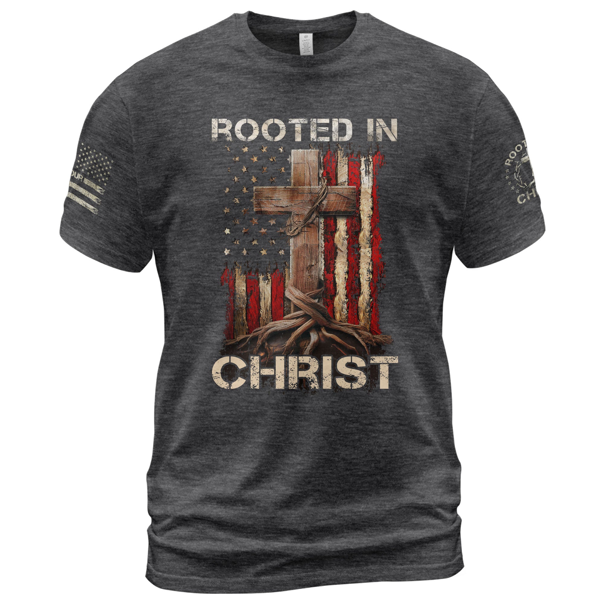 Rooted In Christ American Flag Cross, Christian Shirts for Men - Christian Tee Shirts - Rust Field Wear