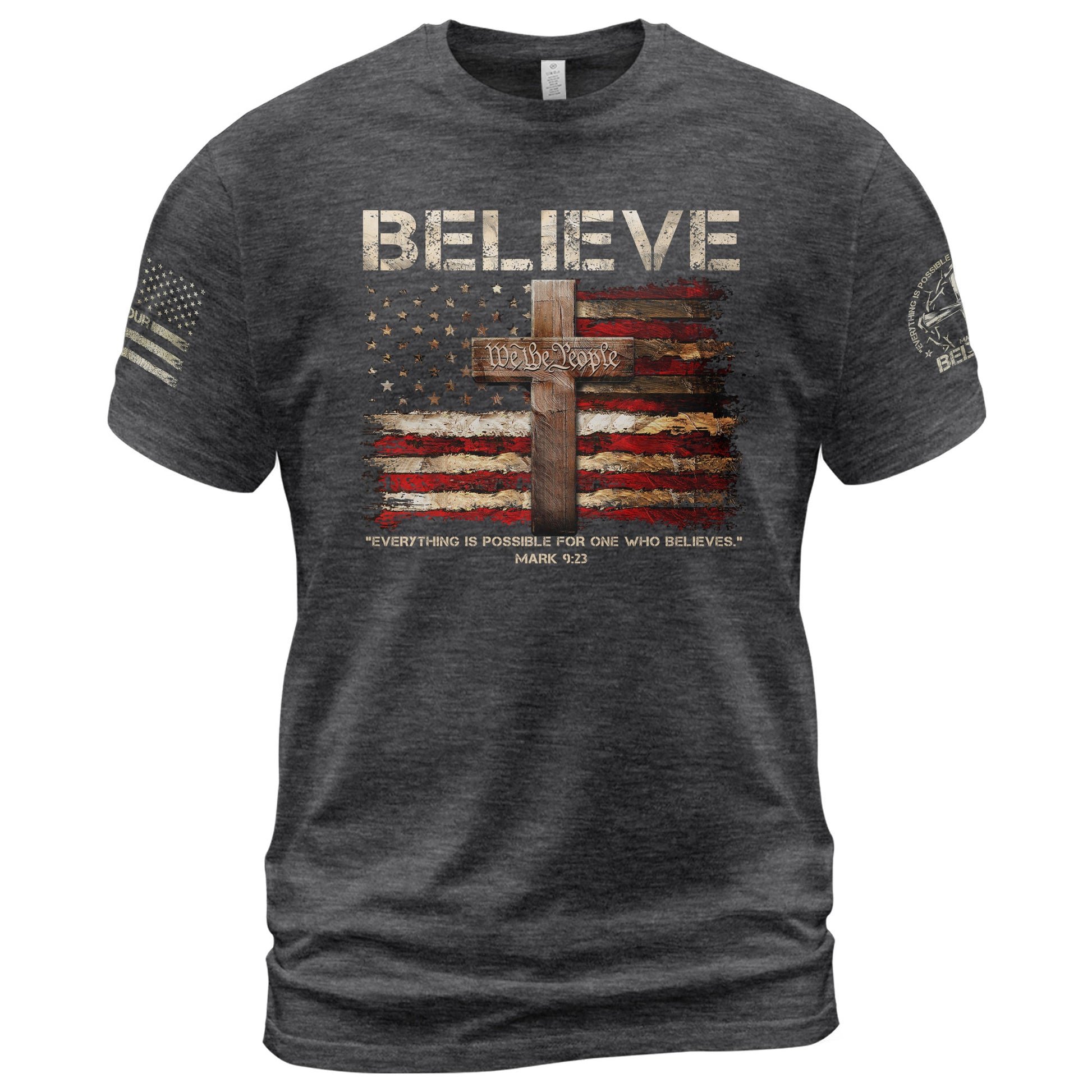 BELIEVE Faith in Action, Powered by Mark 9:23 - Christian Tee Shirts, Christian Shirts for Men - Rust Field Wear