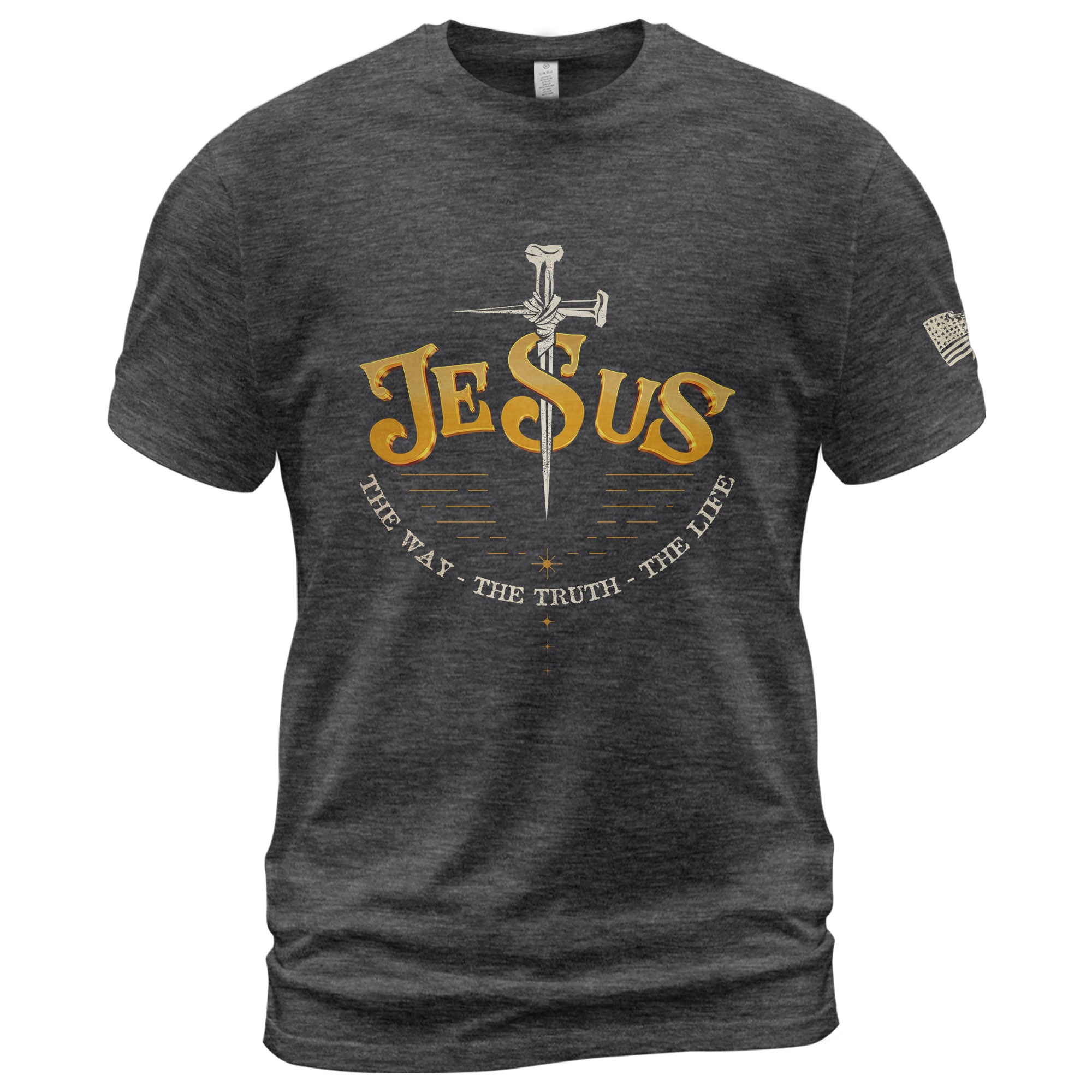 Faith Based Christian Tee Shirts, Forged in Faith JESUS Sword Bold - Christian Shirts for Men - Rust Field Wear