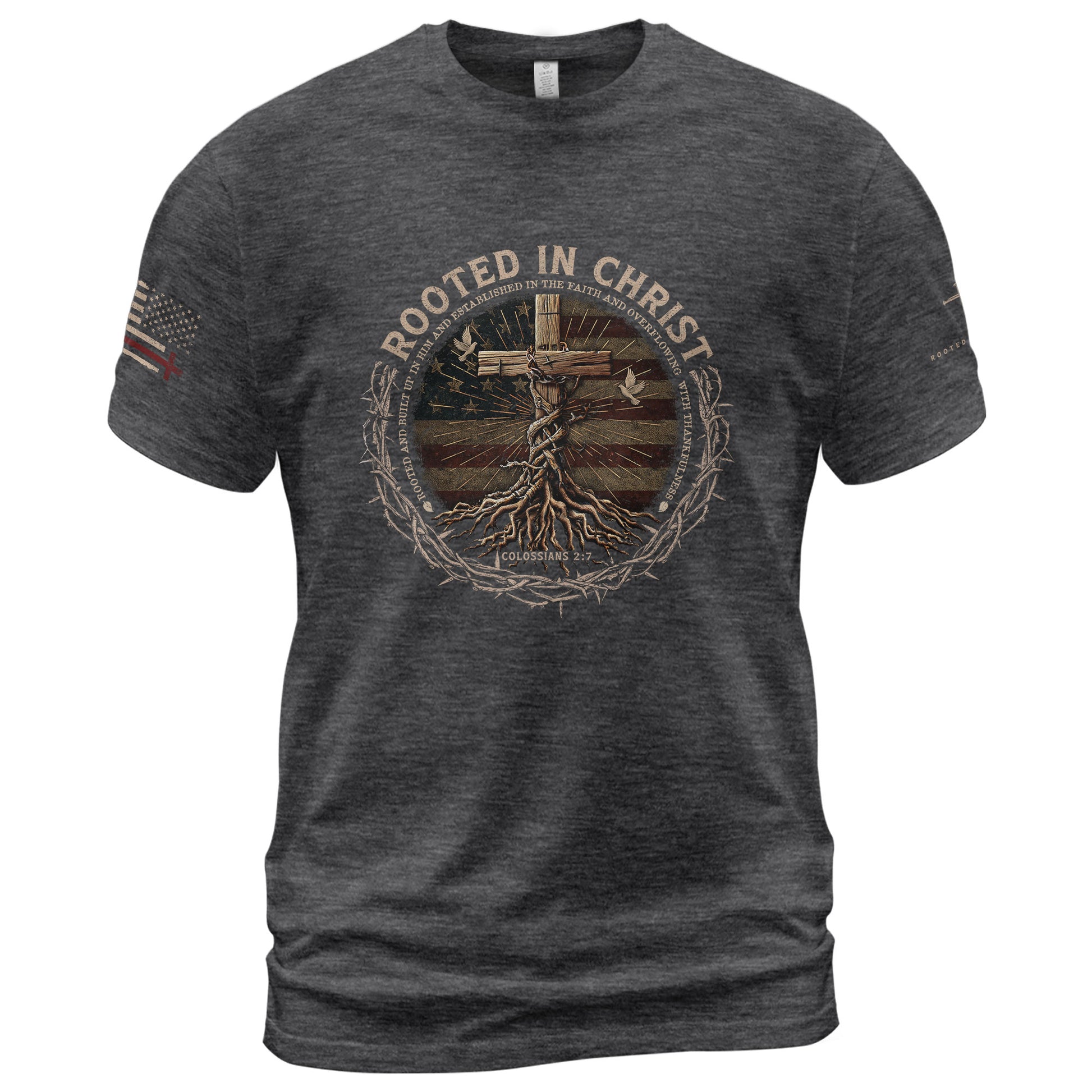 Rooted in Christ Colossians 2:7, Christian Shirts for Men - Christian Tee Shirts - Rust Field Wear