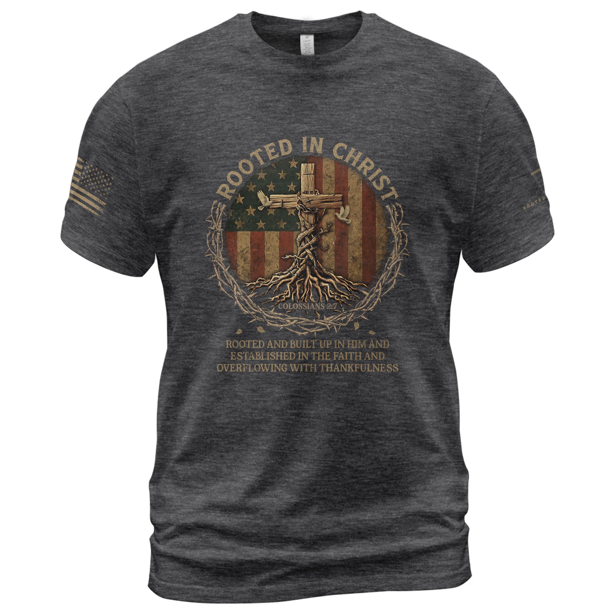 Christian Tee Shirts, Firmly Planted Rooted in Christ (Colossians 2:7) - Christian Shirts for Men - Rust Field Wear