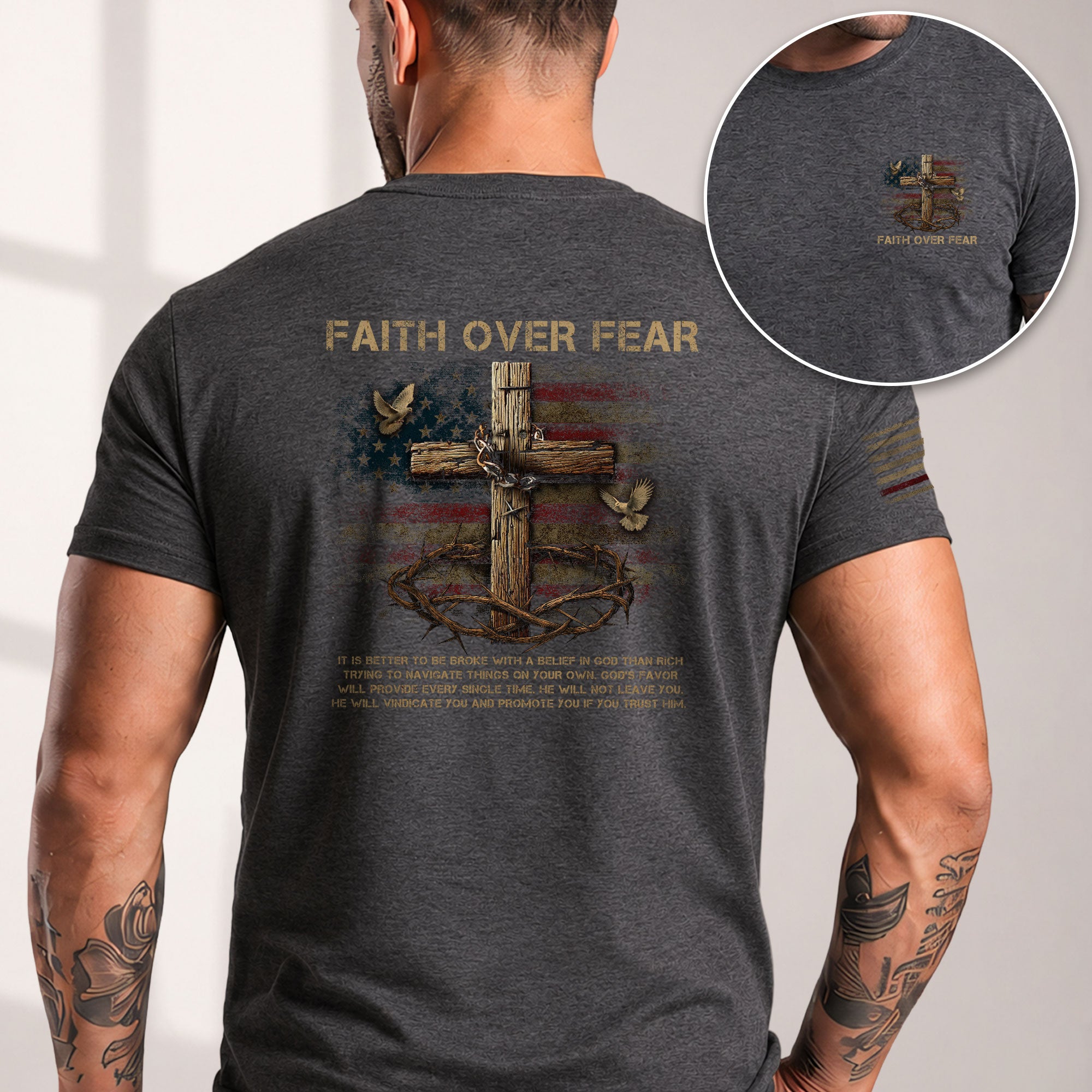 Christian Tee Shirts, Cross of Faith Faith Over Fear - Christian Shirts for Men - Rust Field Wear