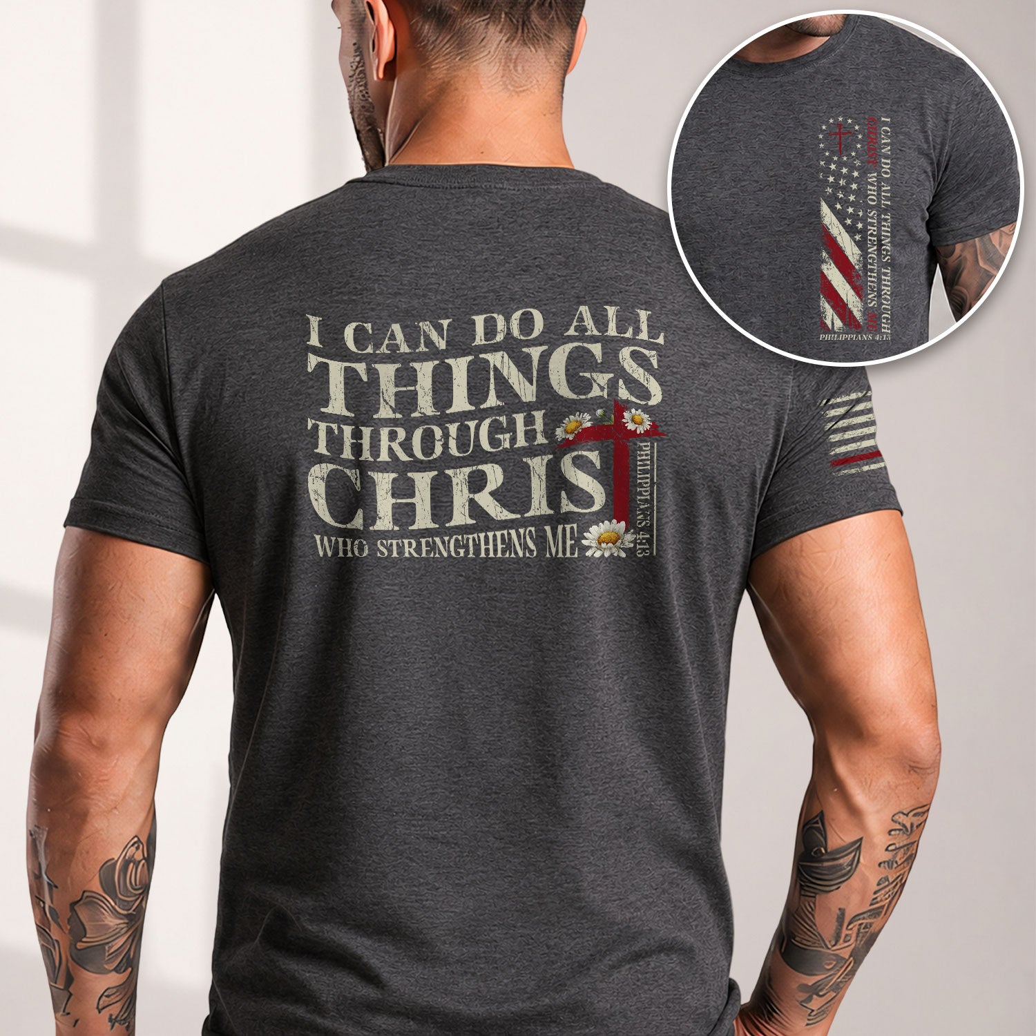 Faith Based Christian Tee Shirts, Philippians 4:13 I Can Do All Things Through Christ American Flag - Christian Shirts for Men - Rust Field Wear