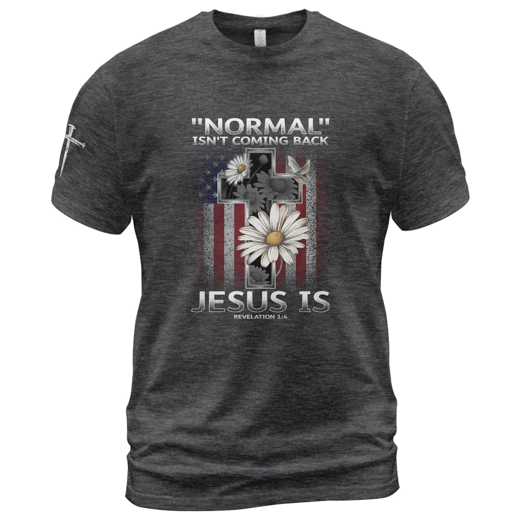 Christian Shirts for Men - Normal Isn’t Coming Back Jesus Is , Revelation 1:4 Christian Flag Cross, Christian Tee Shirts - Rust Field Wear