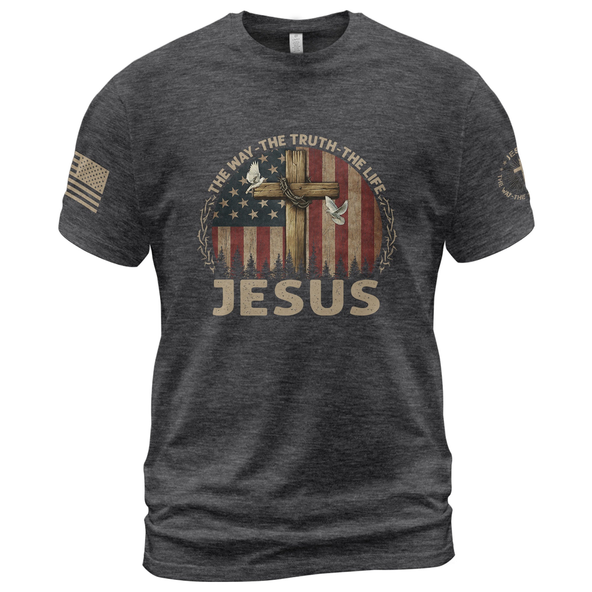 Jesus The Way The Truth The Life USA Flag Cross Christian, Christian Tee Shirts - Faith Shirts for Men - Rust Field Wear