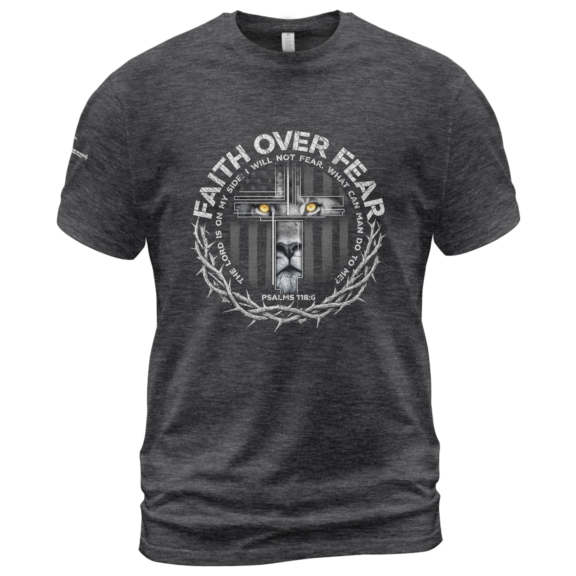 Christian Tee Shirts, Faith Over Fear Lion Psalm 118:6 Christian Warrior - Christian Shirts for Men - Rust Field Wear