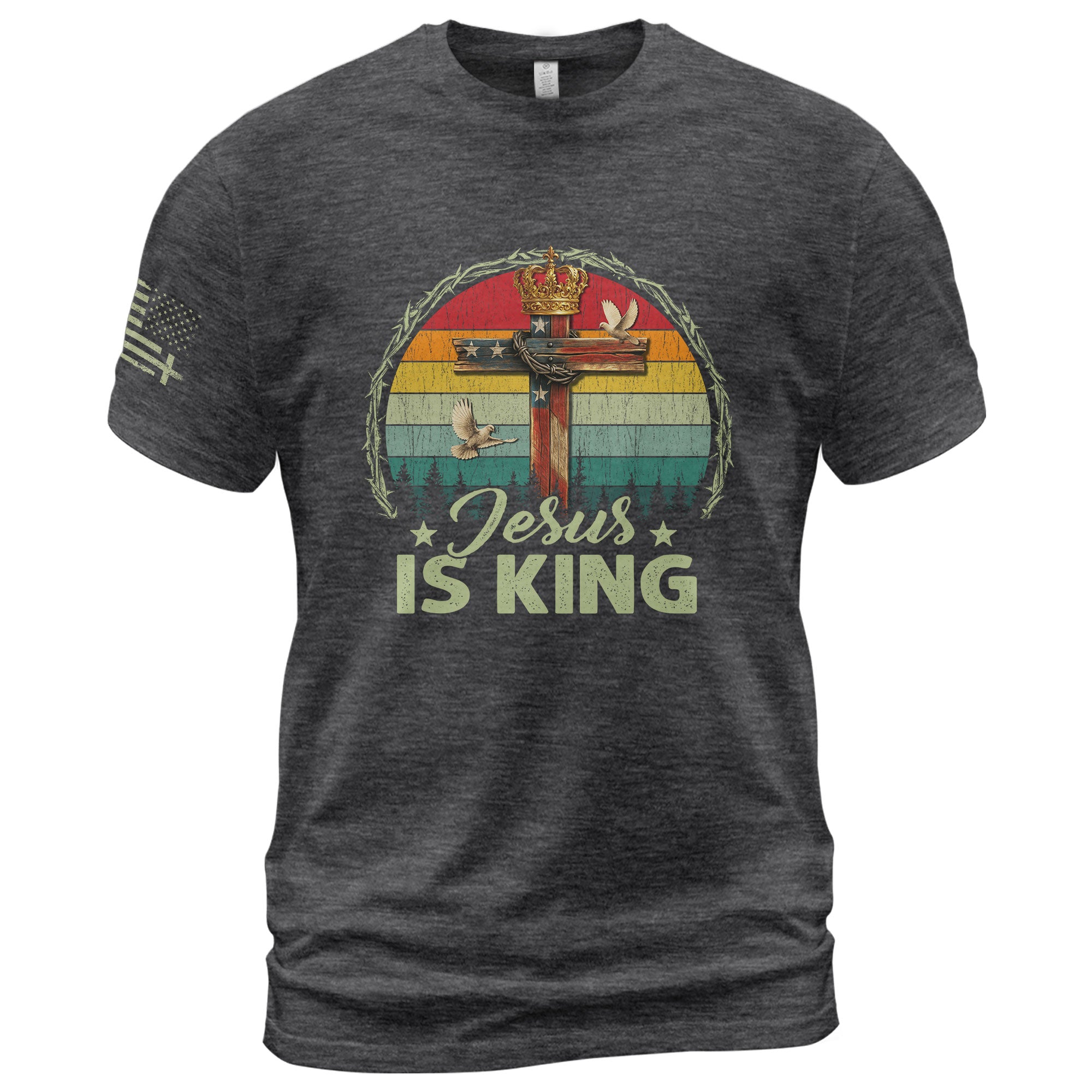 Christian Tee Shirts, Jesus Is King Crown Cross Christian - Christian Shirts for Men - Rust Field Wear