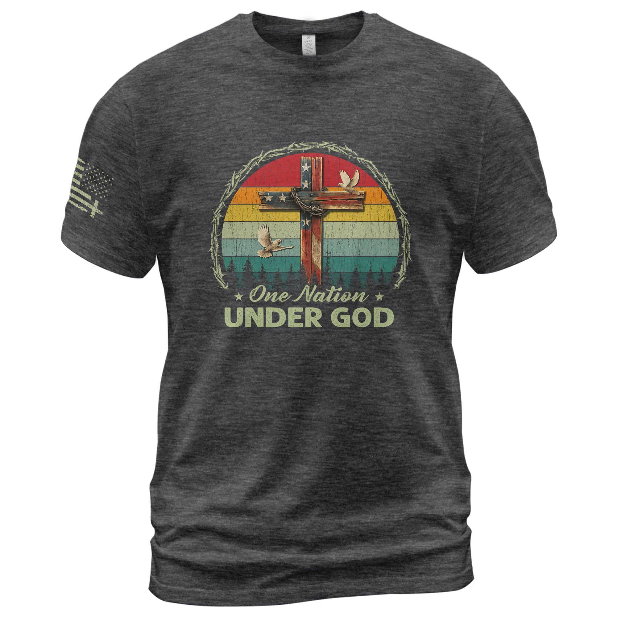 Christian Shirts for Men, One Nation Under God Retro Sunset Cross - Christian Tee Shirts - Rust Field Wear