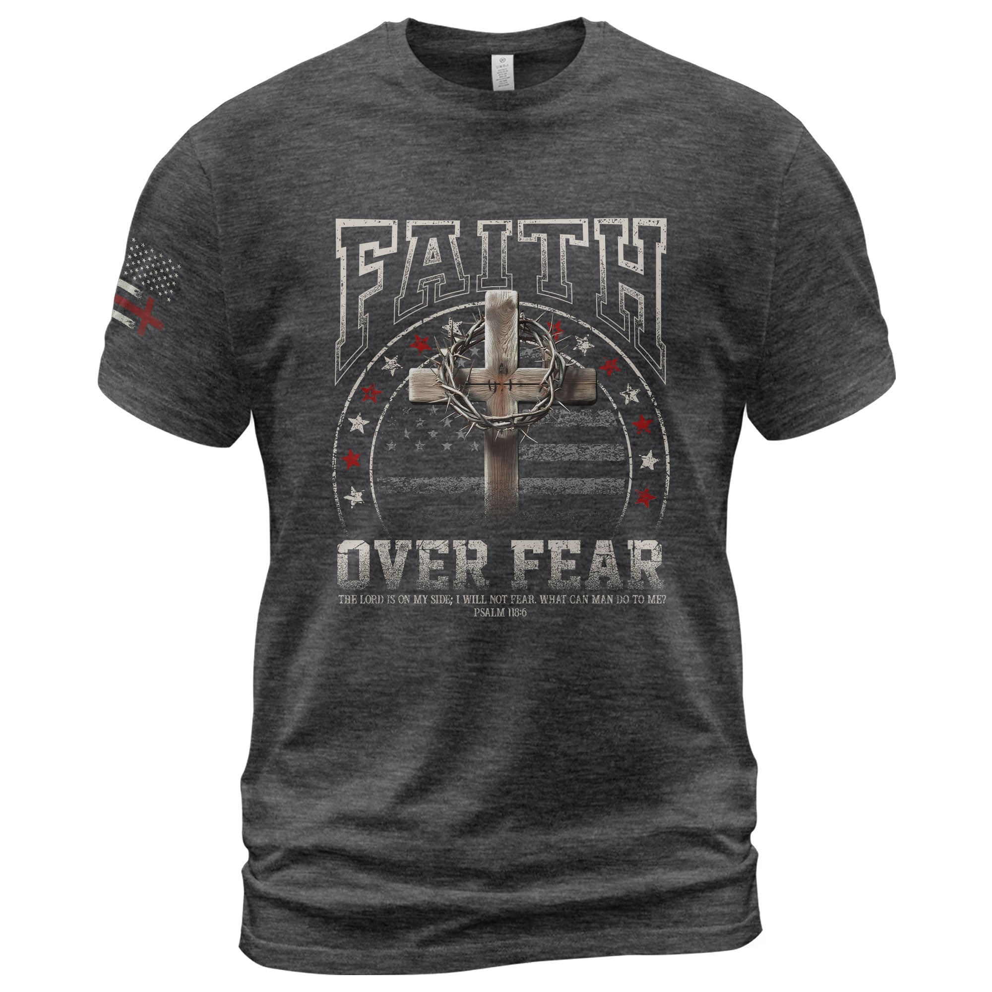Faith Based Christian Tee Shirts, Faith Over Fear Cross American Flag - Christian Shirts for Men - Rust Field Wear