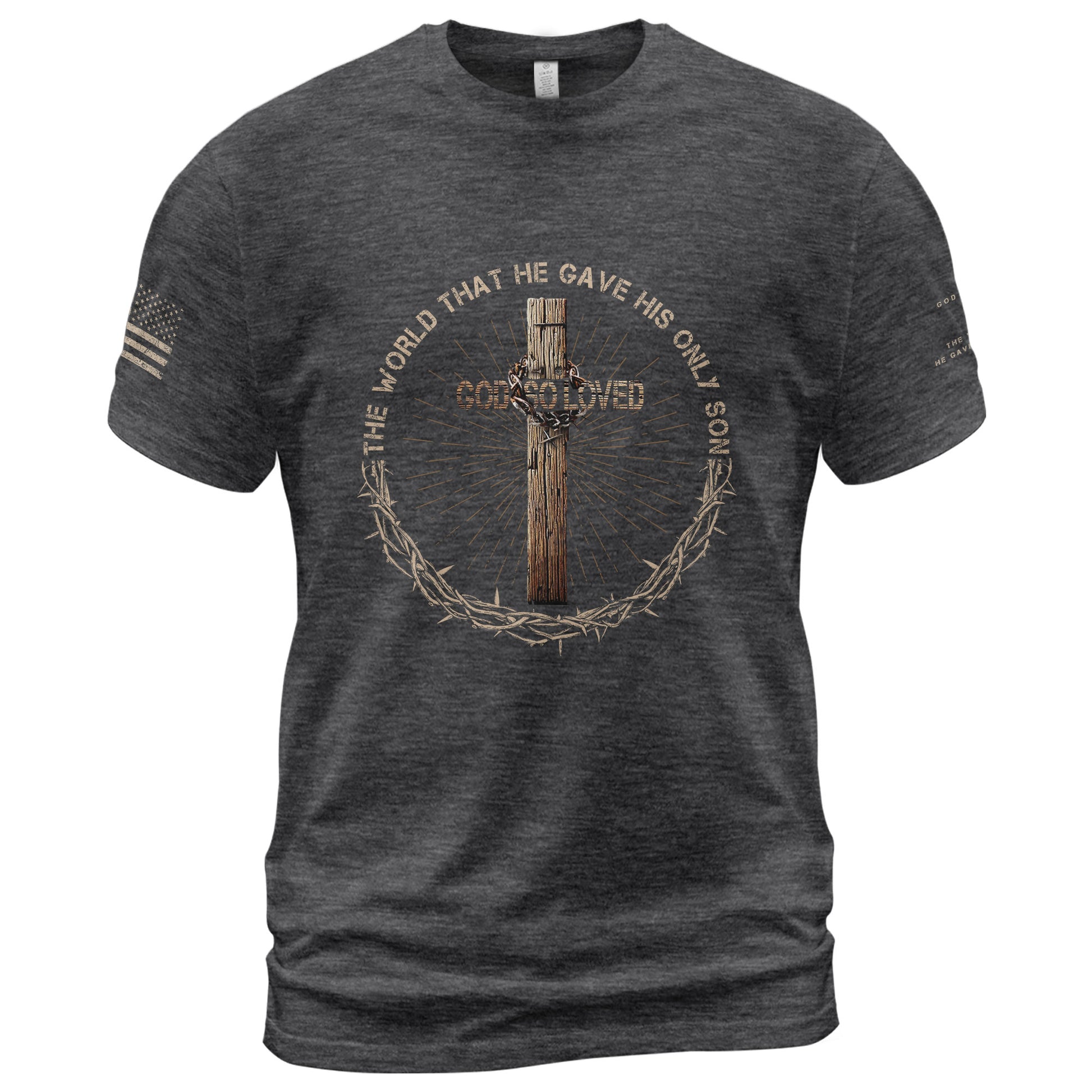 Faith Based Christian Tee Shirts, God So Loved John 3:16 Cross Edition - Christian Shirts for Men - Rust Field Wear