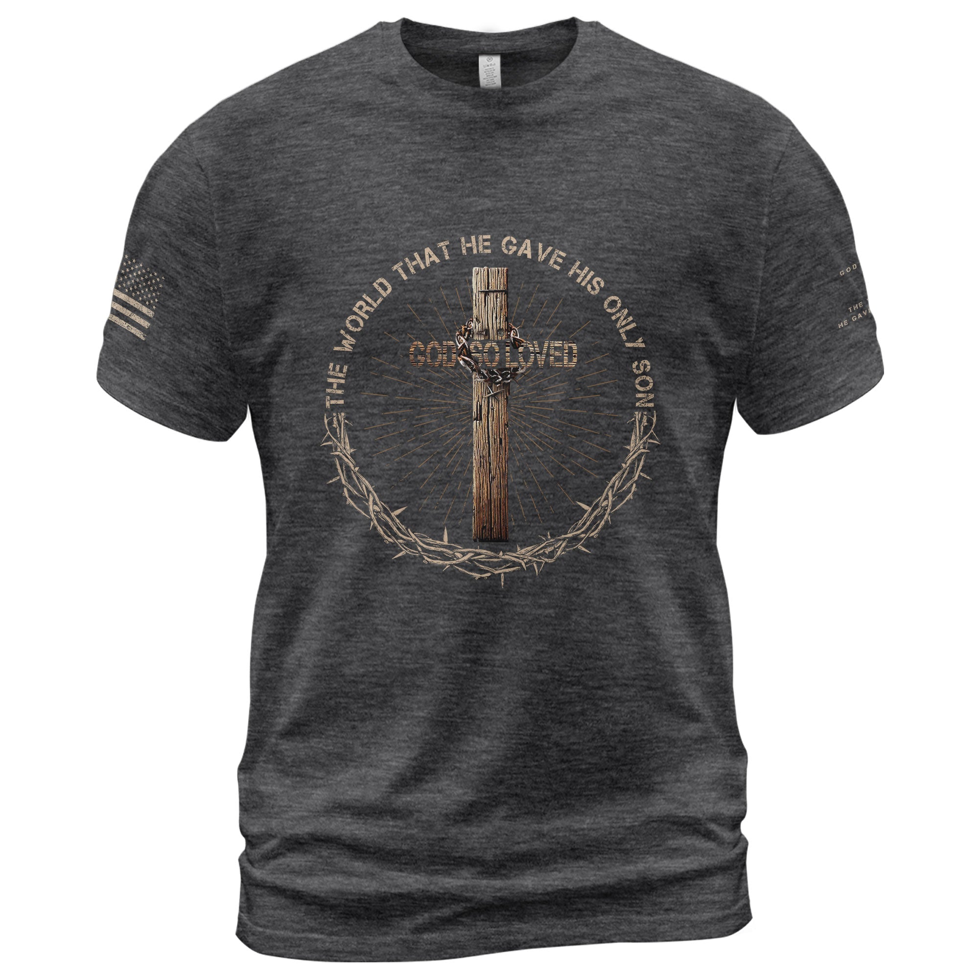Faith Based Christian Tee Shirts, God So Loved John 3:16 Cross Edition - Christian Shirts for Men - Rust Field Wear